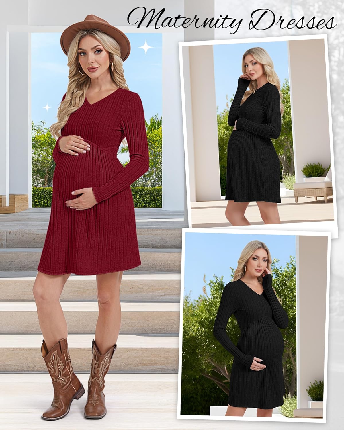 Cutecrop 2 Pack Women’s Maternity Dress Long Sleeve V Neck Ribbed Knit Pregnancy Dress Empire Waist Sweater Dress with Pocket