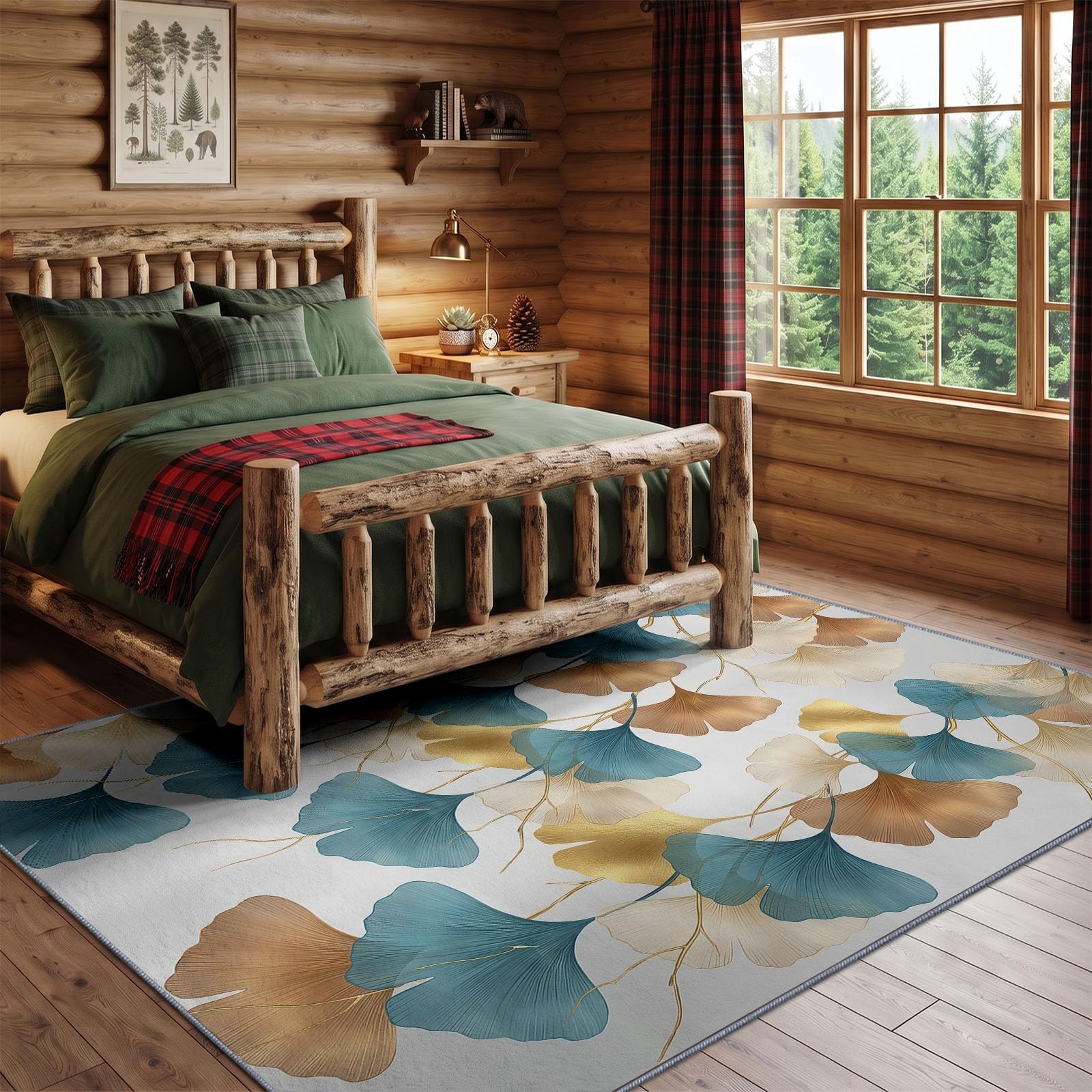 Lavure D'Encre Tapis de Salon Lavable en Machine 80 x 150 cm, Tapise antidérapant, Tapis de Chambre Style Illustration Végétale Feuilles De Ginkgo pour Le Salon, la Chambre et la Cuisine, Blanc