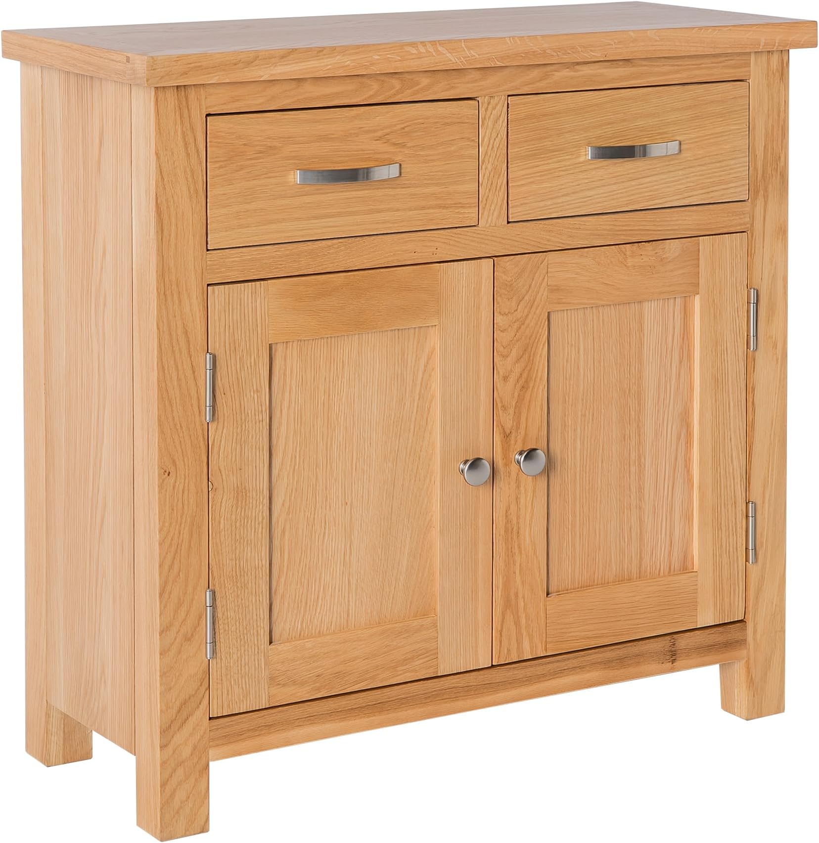 London Oak Mini Sideboard Storage Cabinet with Drawers | Small Solid Wooden Cupboard with Shelf for Dining Room, Living Room or Hallway, Fully Assembled, H:75cm W:75cm D:32cm
