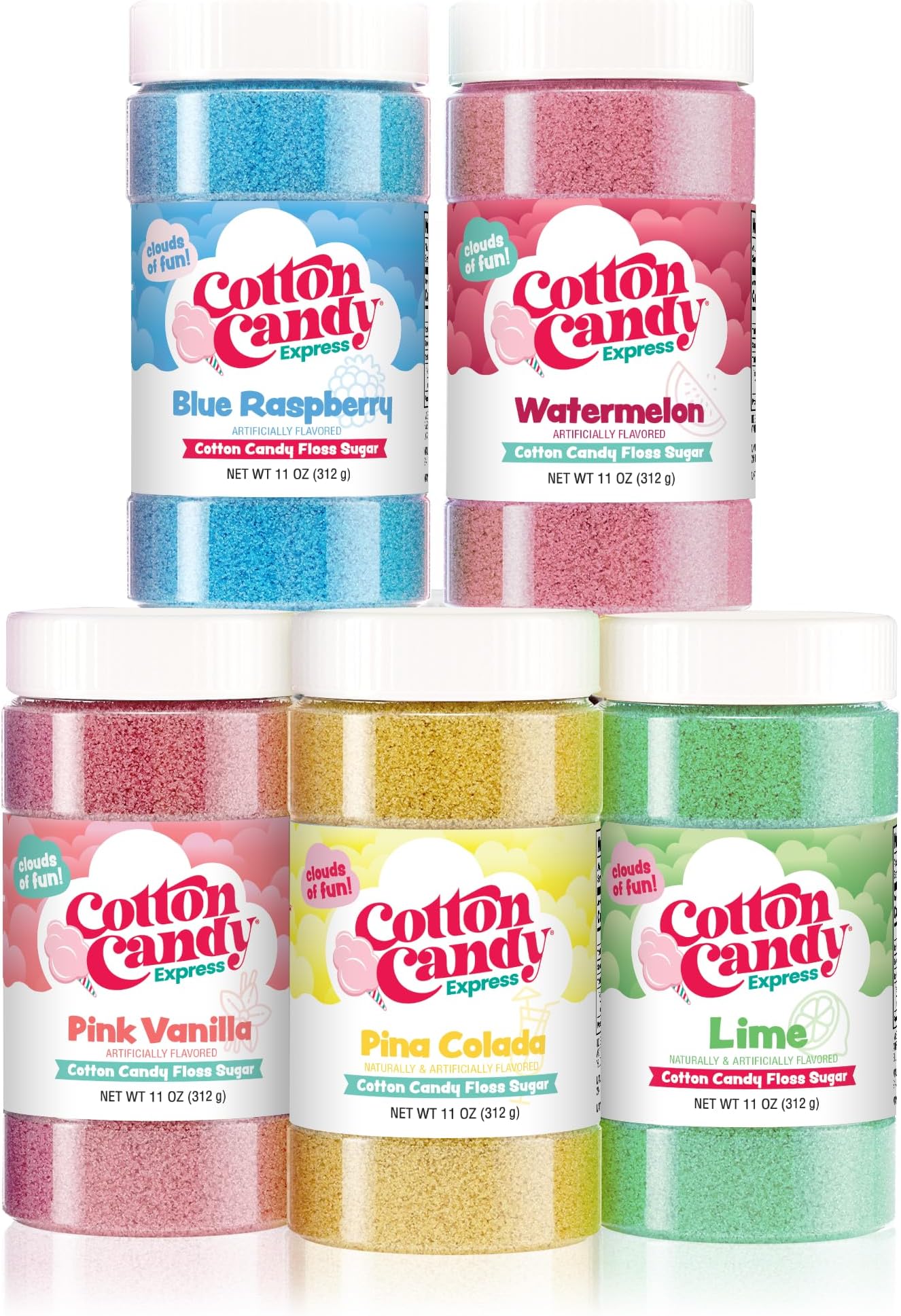 Cotton Candy Express Floss Sugar Variety Pack 5-11oz Plastic Jars of Lime, Watermelon, Pina Colada, Blue Raspberry, Pink Vanilla Flossing Sugars. Use with Cotton Candy Express countertop machine