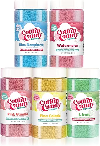 Cotton Candy Express Paquete variado de azúcar de hilo dental, 5 frascos de plástico de 11 onzas de lima, sandía, piña colada, frambuesa azul,
