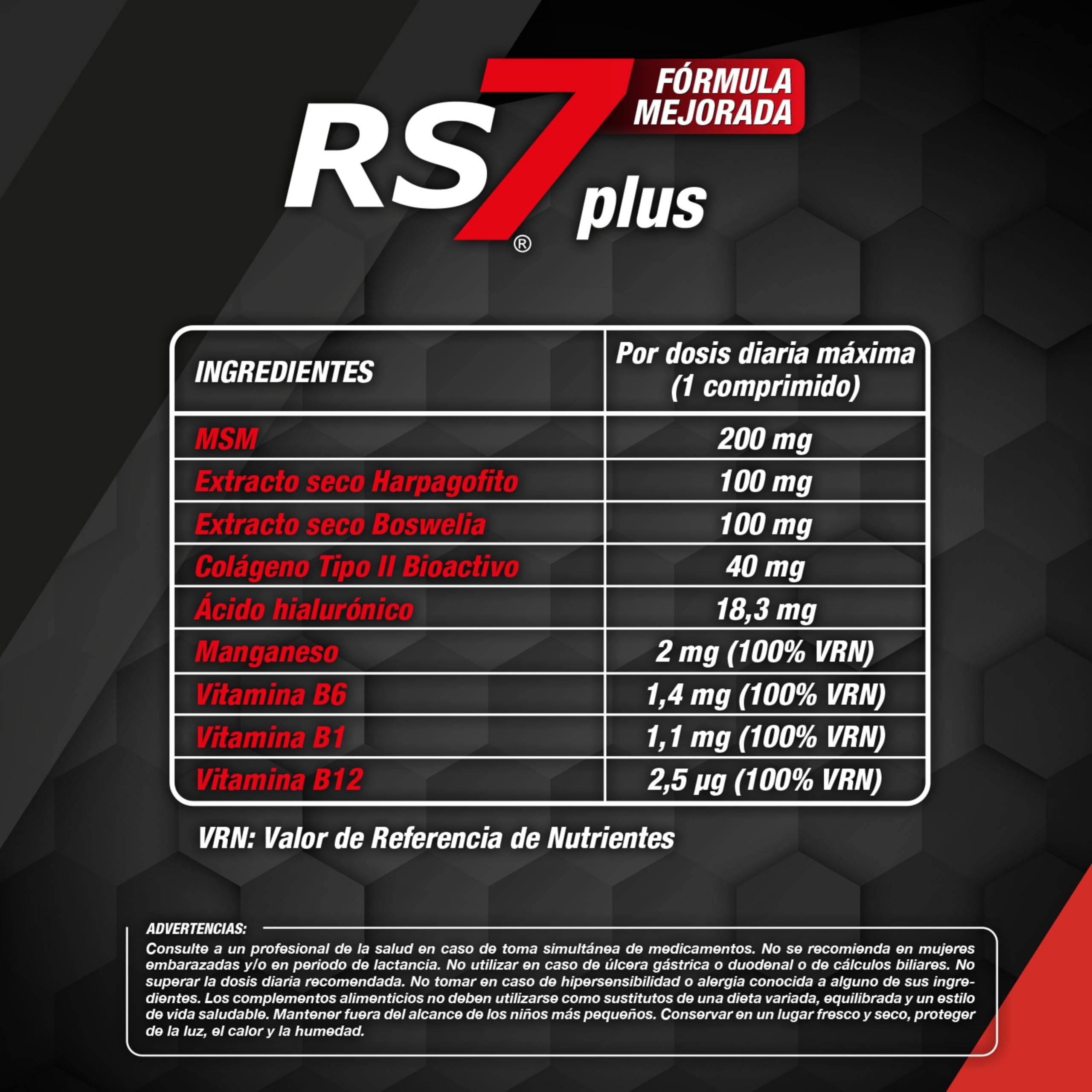 RS7 Articulaciones Plus | 90 Comprimidos | Colágeno tipo II, MSM, Boswellia, Harpagofito, Ácido Hialurónico, Manganeso y Vitaminas B1, B6 y B12