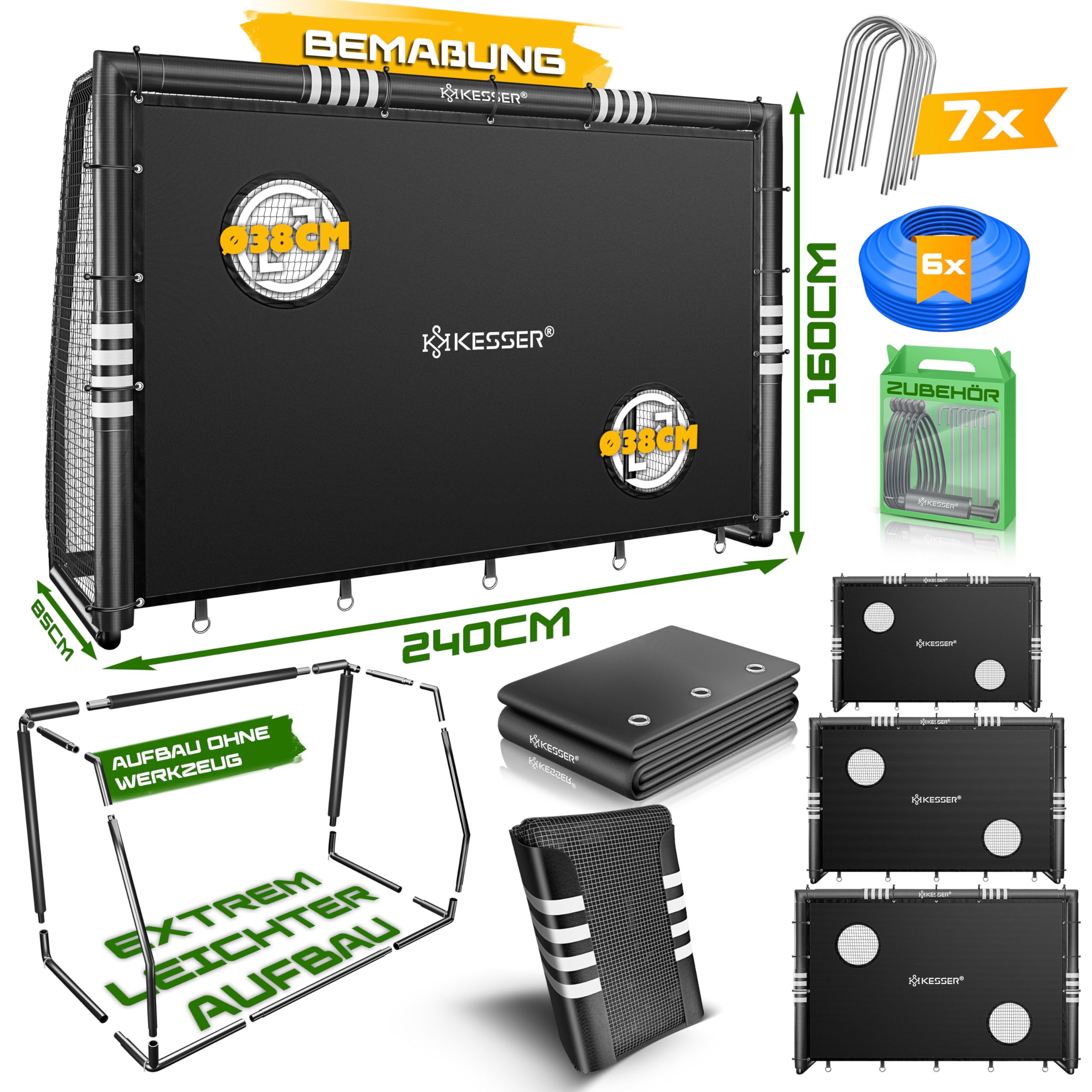 KESSER® Cache de Foot But de Football de Qualité Supérieure de 240 cm avec Mur de But, Filet d'Entraînement de Tir, Filet Résistant aux UV, Cadre en Acier avec Rembourrage, Crochet de Terre, Pompe