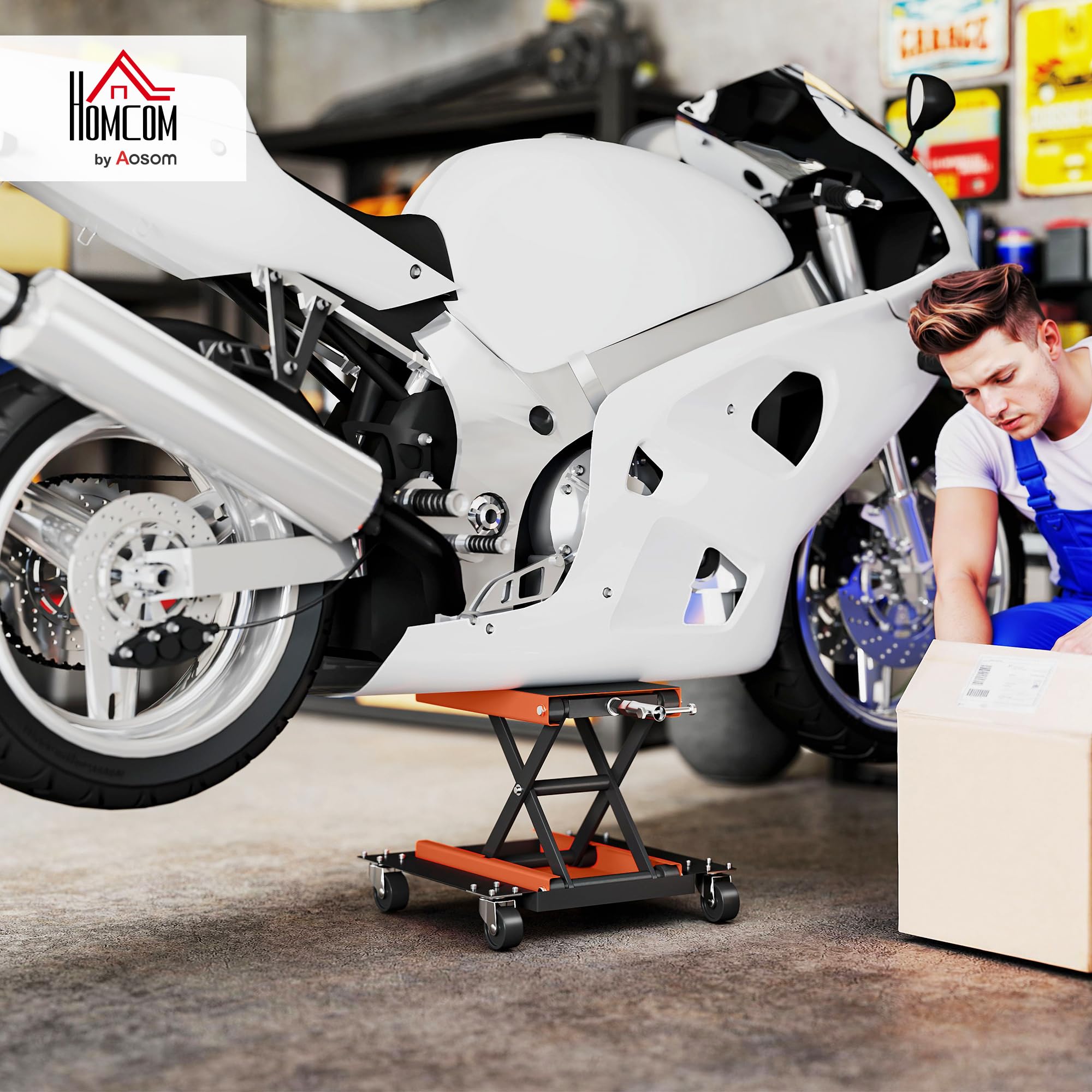 HOMCOM Motorradheber 500 kg Belastbar Motorradhebebühne 135-390 mm Höhenverstellbar Montagebock Fahrradreparatur-Scherenheber in Garage & Außenbereichen