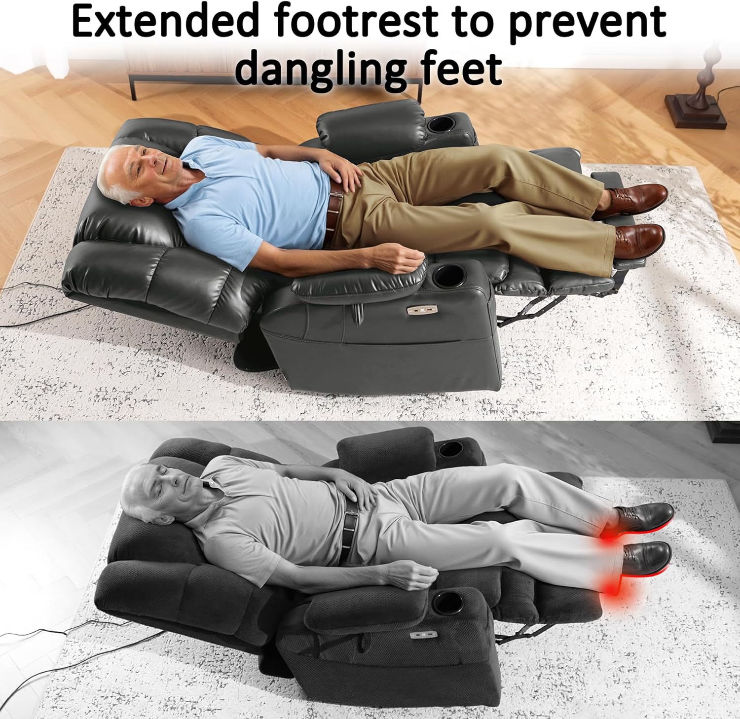 Two images showing a person lying in the MCombo recliner chair, demonstrating the extended footrest that fully supports the legs and prevents dangling feet.