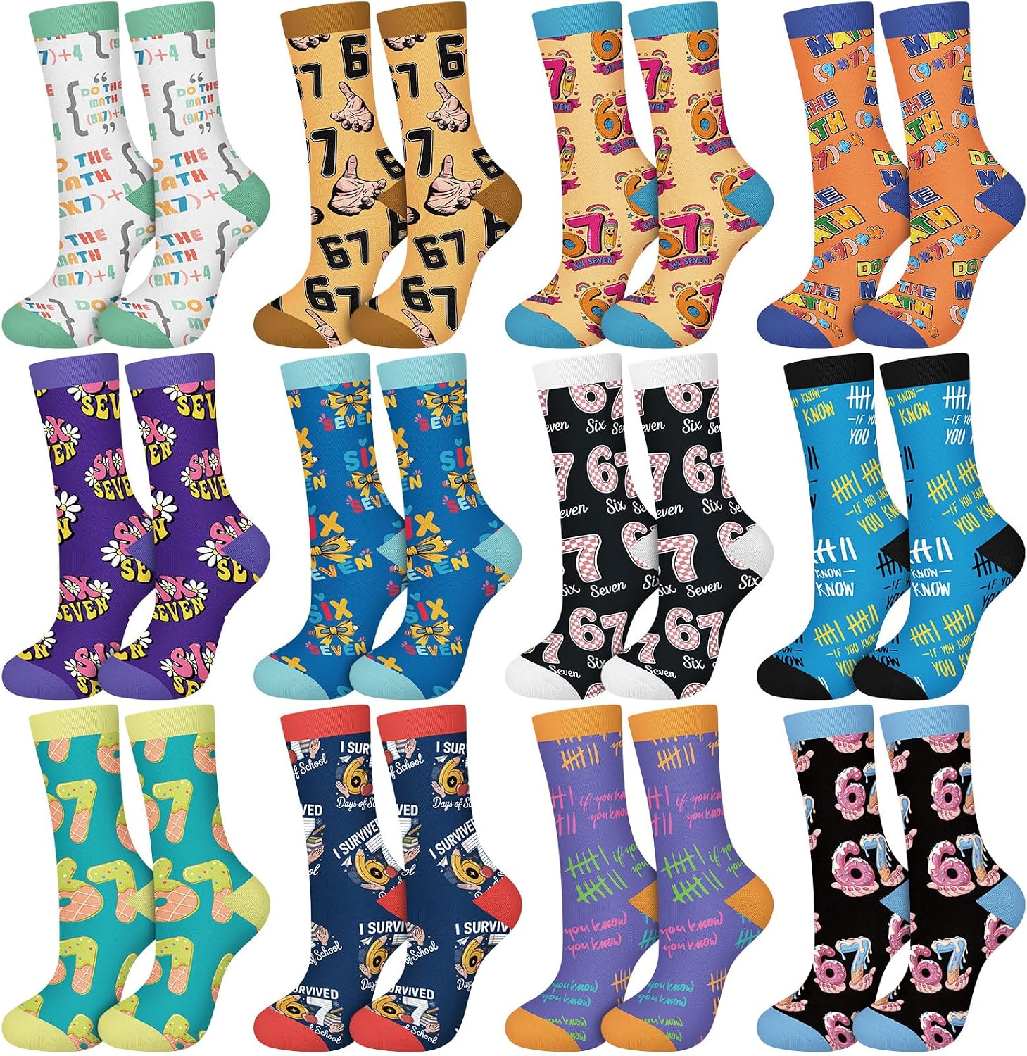 Eurzom 12 Pairs 67 Socks Funny Number Six Seven Crazy Silly Crew Socks Ice Creams Drips Gift for Women Men Unisex Youth