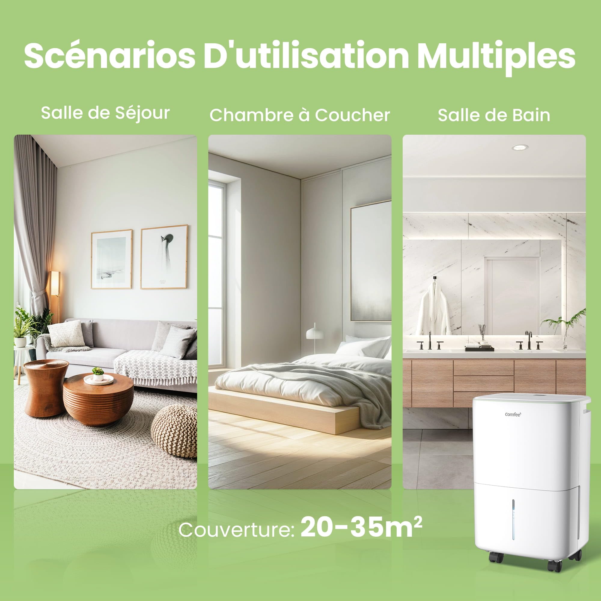 COMFEE' Déshumidificateur Compact, Absorbe jusqu'à 12L/jour, Mode silencieux, sécurité enfant, Minuterie 24H, Réservoir 2,5L, pour pièce de 20-35㎡, Aqua Dry 12