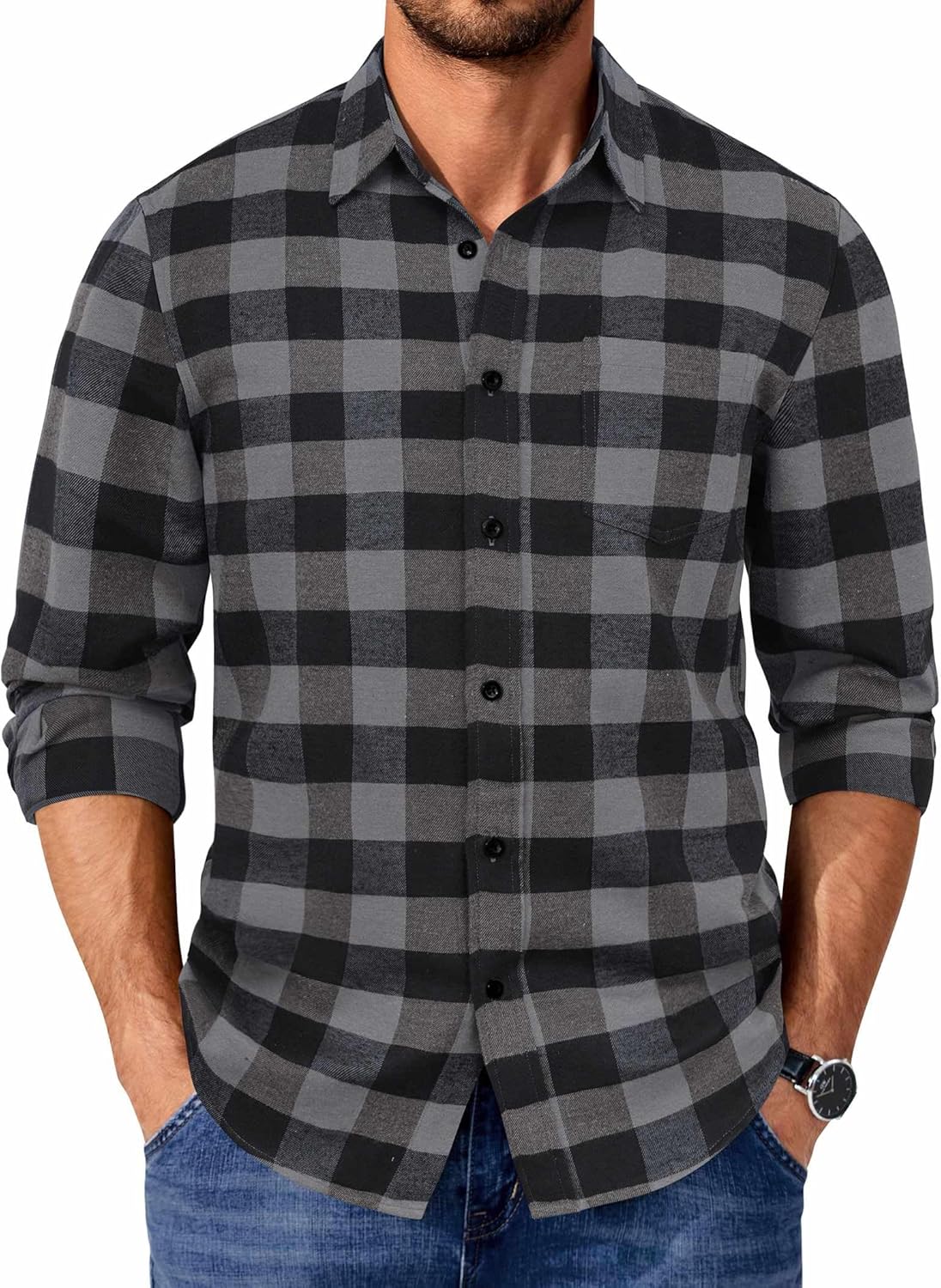 COOFANDY Men's Casual Long Sleeve Button Up Plaid Flannel Shirt Jacket with Pocket