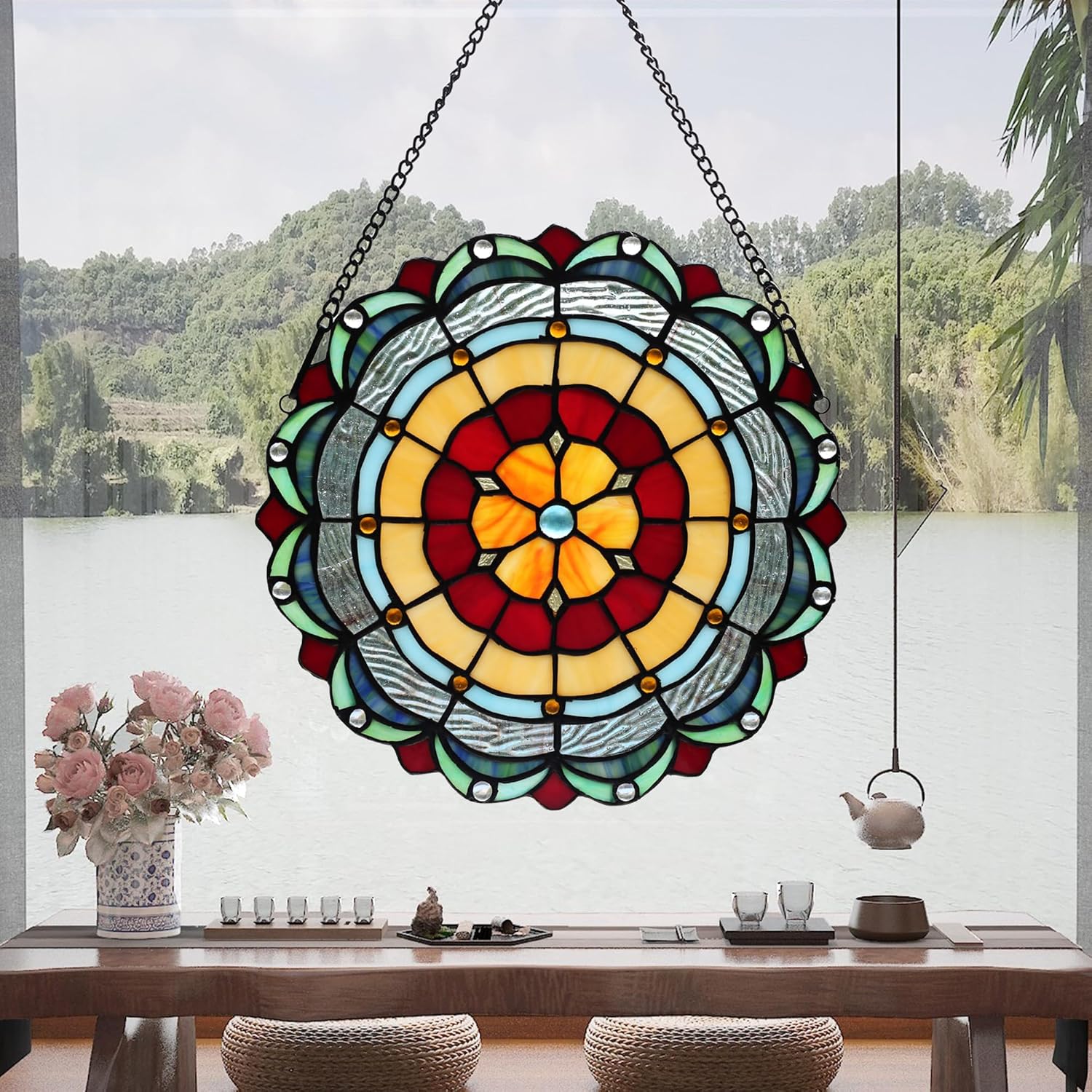 Handcrafted Stained Glass Window Panel - 12-Inch Round Floral Design with Vibrant Colors, Elegant Decorative Hanging Art for Home Décor, Includes 20-Inch Chain & Hook (Sunflower)