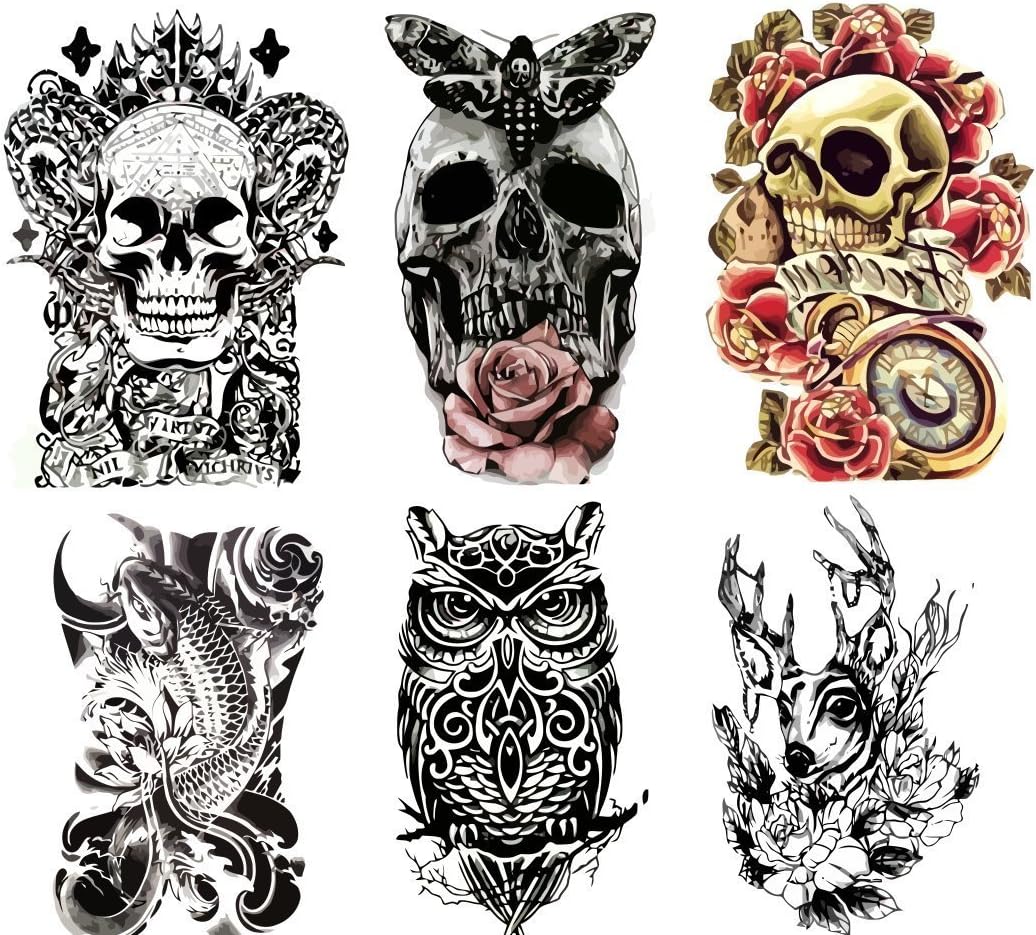 Large Non-Toxic Temporary Tattoos | Set of 6 Fake Tattoos (Skull, Koi Fish, Owl, Rose, Butterfly & Deer) | 6โ x 8โ Removable Body Art Tattoos