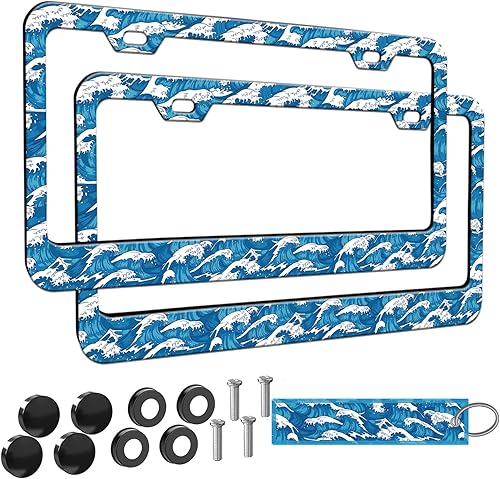 Miniatura 27 de 2 piezas Marco de matrícula azul con diseño de bosque montañoso para mujeres, marcos de etiqueta decorativa de coche azul montañoso para chicas,