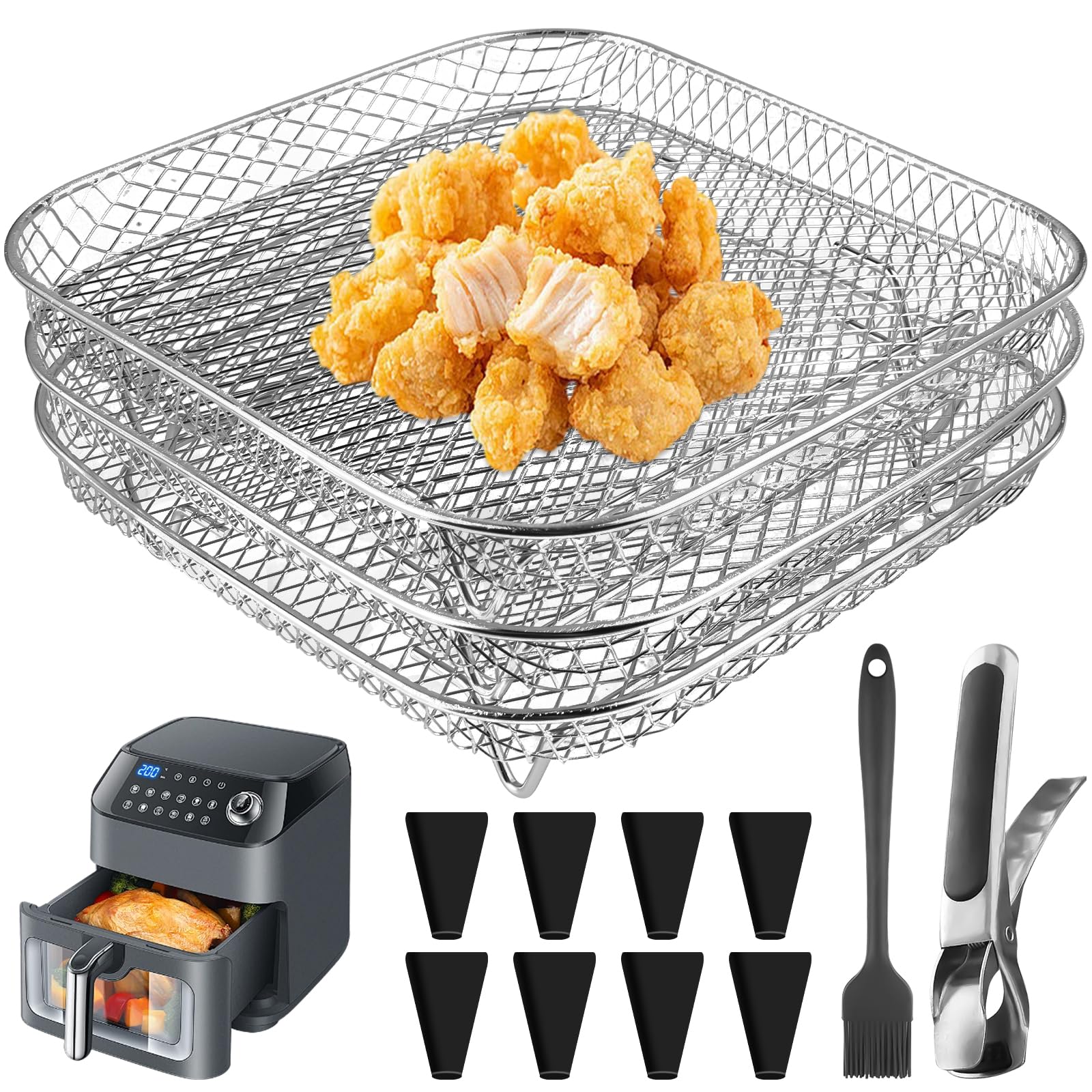 Scaffale per friggitrice ad aria, a 3 livelli, impilabile, in acciaio inox, quadrato, accessori per friggitrice ad aria con 8 piedini in silicone, 1 pinzetta e 1 spazzola per la maggior parte delle