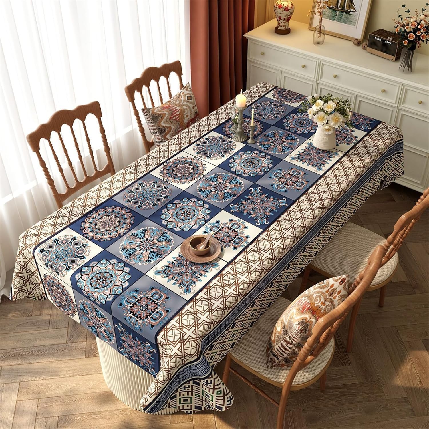 KIJyfgTR Bohemian-style Printed Rectangular Tablecloth Kitchen Worktop Decoration(Blue,120x160cm)