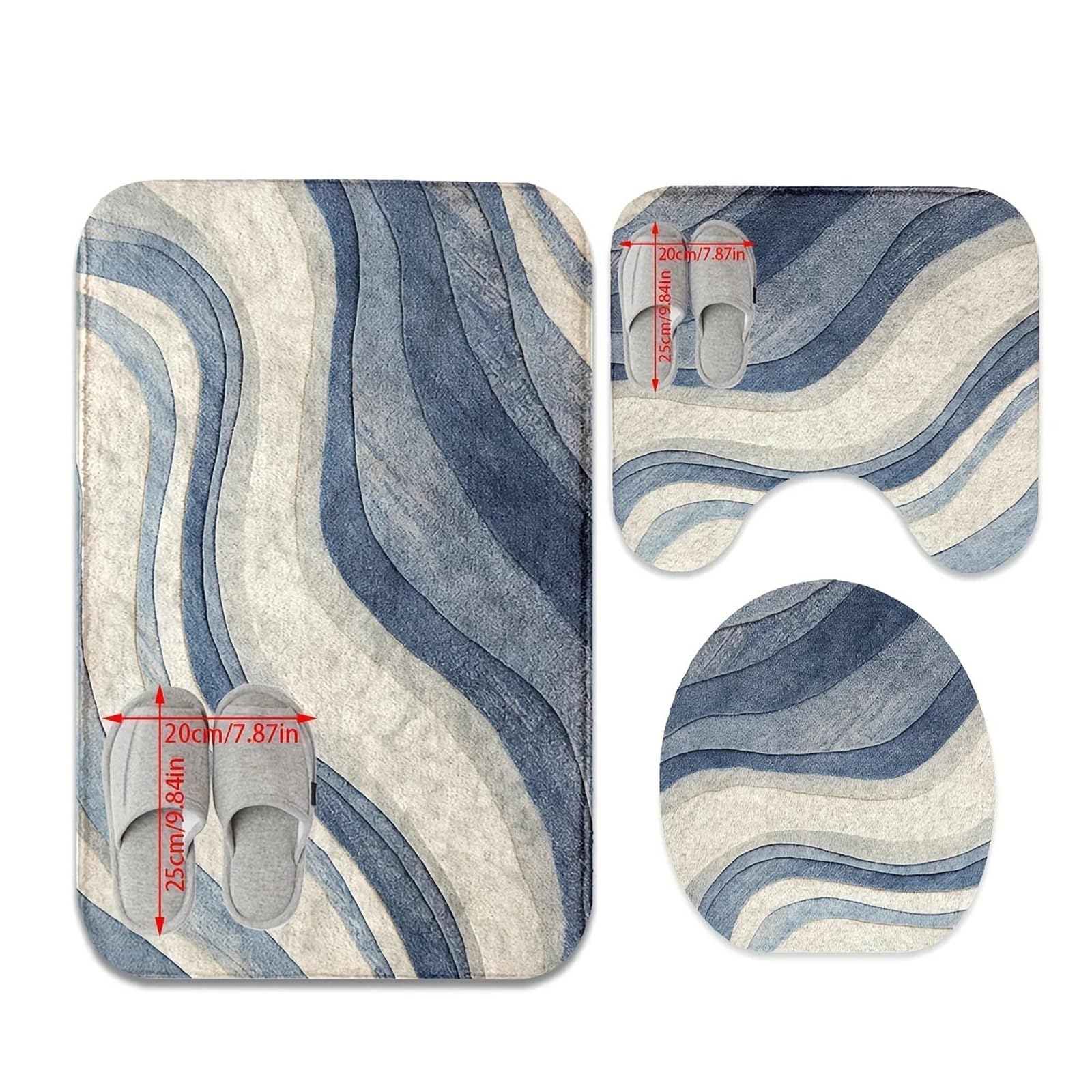 Ensemble de Tapis de Bain Tapis de Sol Salle Bain Moderne et Simple (3 pièces) - Imperméable antidérapant Motif ondulé Bleu Blanc