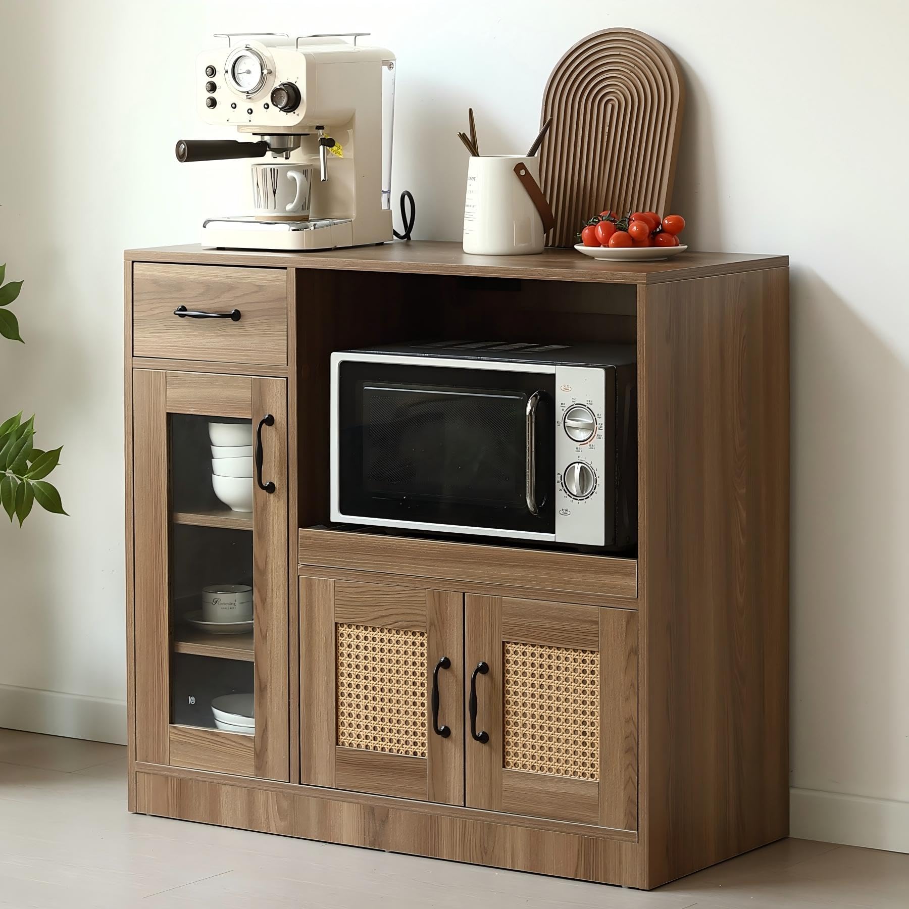 キッチンカウンター 食器棚 (扉付き、引き出し付き) ラタン調