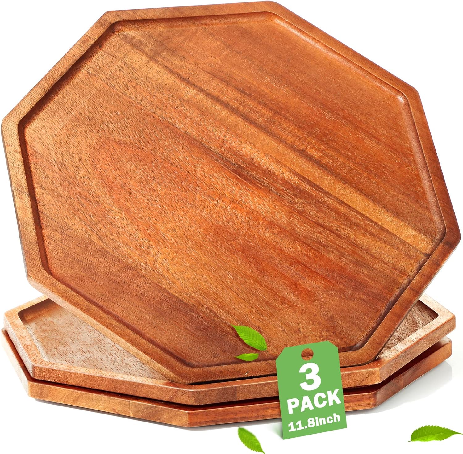 Sabary 3 Pieces Acacia Wood Serving Tray Wooden Octagon Bread Fruit Platter Large Decorative Plates Charcuterie Cheese Platter Board Vegetable Food Dish for Salad Pizza Cupcakes(12")