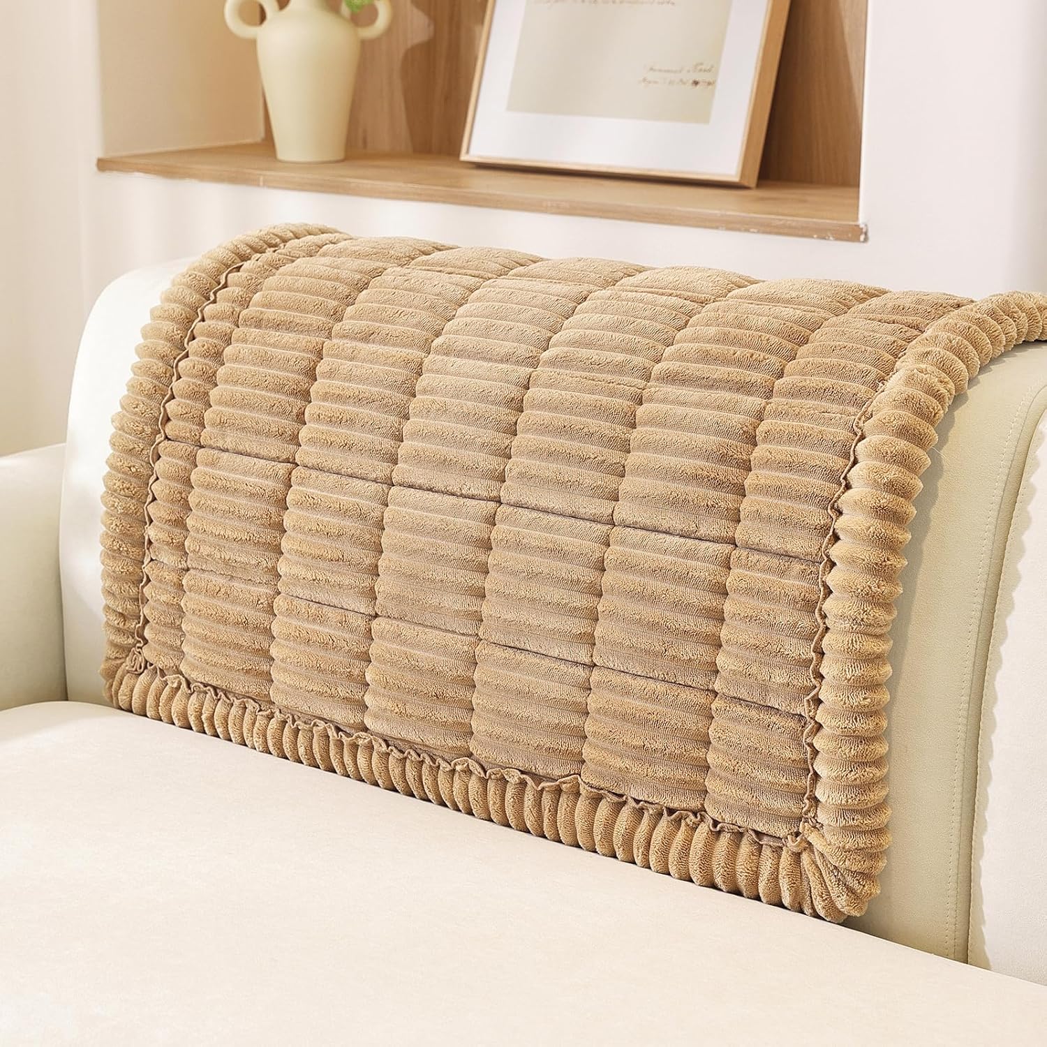 Royhom Chair Cover for Living Room, Fuzzy Sofa Back Cover, Thick Couch Headrest Covers, Pet Chair Covers for Furniture, Pet Sofa Pad Washable (Khaki, 35.4 x 35.4 Inch) 35.4 x 35.4 Inch/1 Piece Khaki