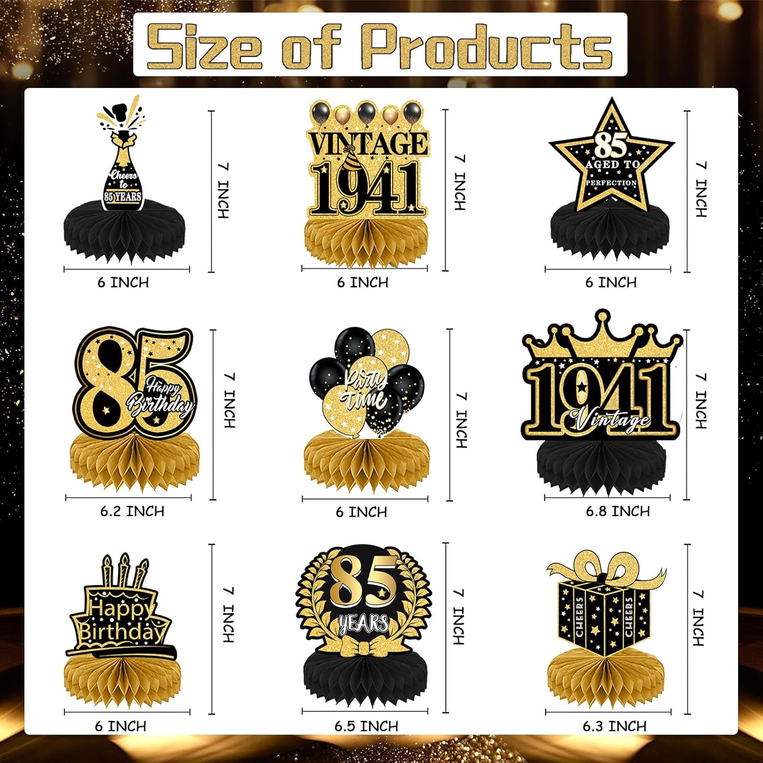 85th Birthday Party Decorations, 9PCS Happy Birthday Table Honeycomb Centerpiece Decoration Men, Vintage Black and Gold Cheers to 85 Years Party Decor Women - Image 3
