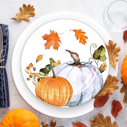 Miniatura 7 de AnyDesign Juego de 4 platos de cena de otoño de Acción de Gracias, platos de plástico de hojas de calabaza otoñales, reutilizables, 10 x 10 pulgadas