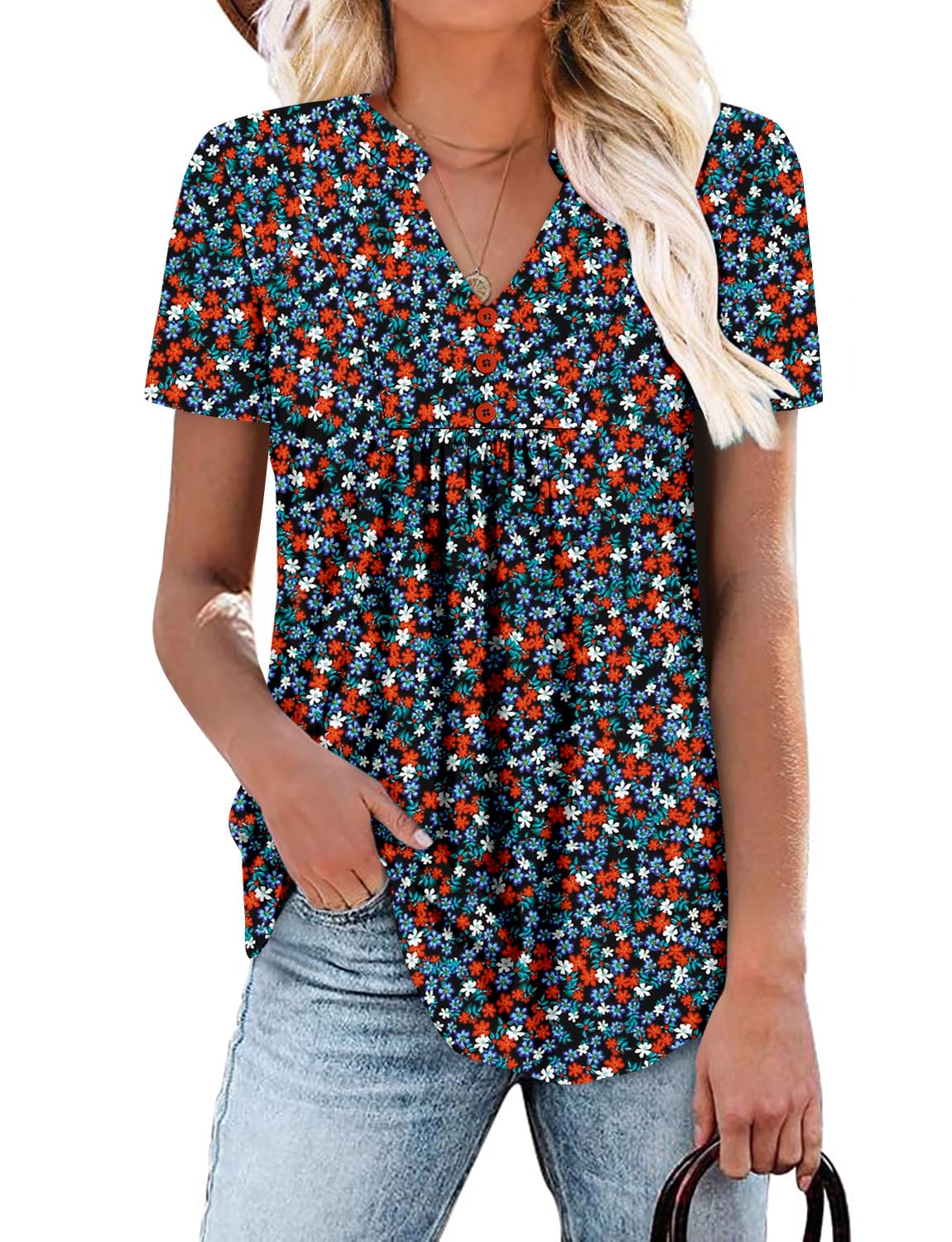 onlypuff Women's Short Sleeve Tunic Tops Summer Pleated V Neck Button Down Shirts for Leggings