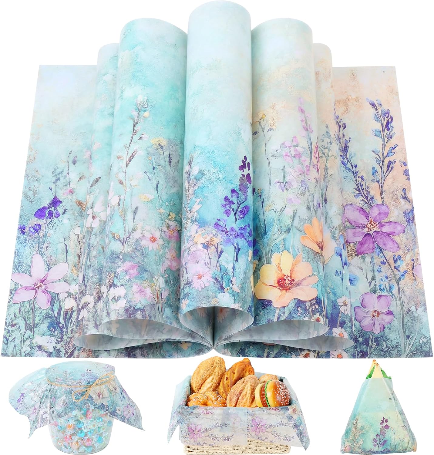 120 Sheets Spring Floral Wax Paper for Food Deli, 13.4 * 9.4‘’ Large Size Mystic Forest Wildflower Greaseproof Deli Sheets for Sandwich Picnic Basket Liner Spring Easter Party Supplies