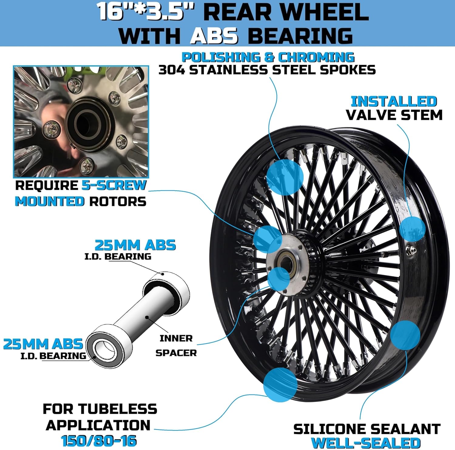 FatFlex 16" Rear Wheel Black Fat Spokes 3.5" Rim for 08-up ABS Harley Dyna/Softail/Sportster, for Touring Only 2008 ABS Models, Perfect for Black Bikes's Customization-1635R-25SM-BBB