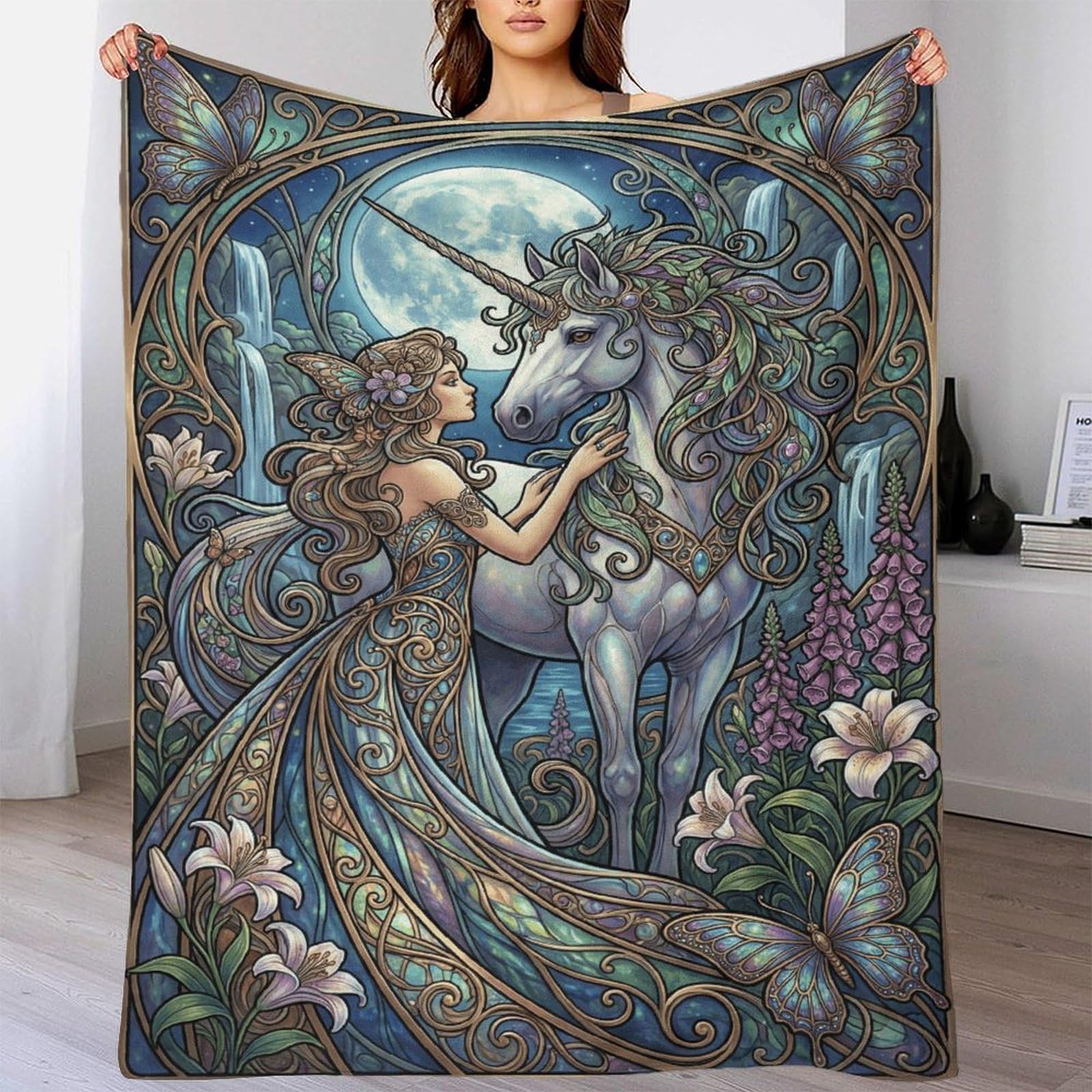 W7C8U2X3 Art Nouveau Mucha Unicorn Warm Throw Blanket, Bedroom Sofa Couch