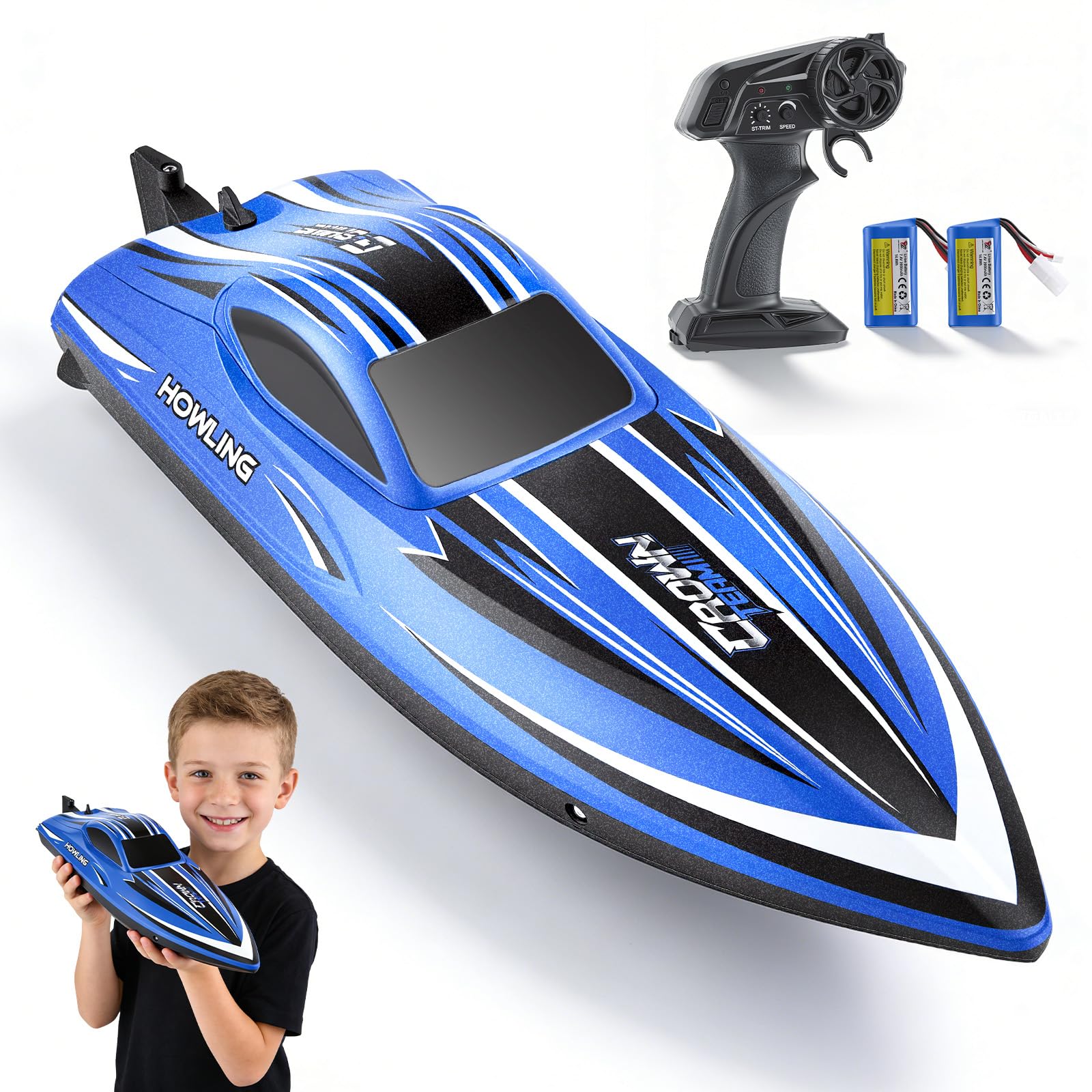Delousiber RC Boat, High Speed Remote Control Boat for Pools & Lakes, 35km/H Self Righting RC Boats with LED Light, 2.4GHz Racing Boats, Radio Controlled Watercraft, 2 Batteries, Low Battery Alarm