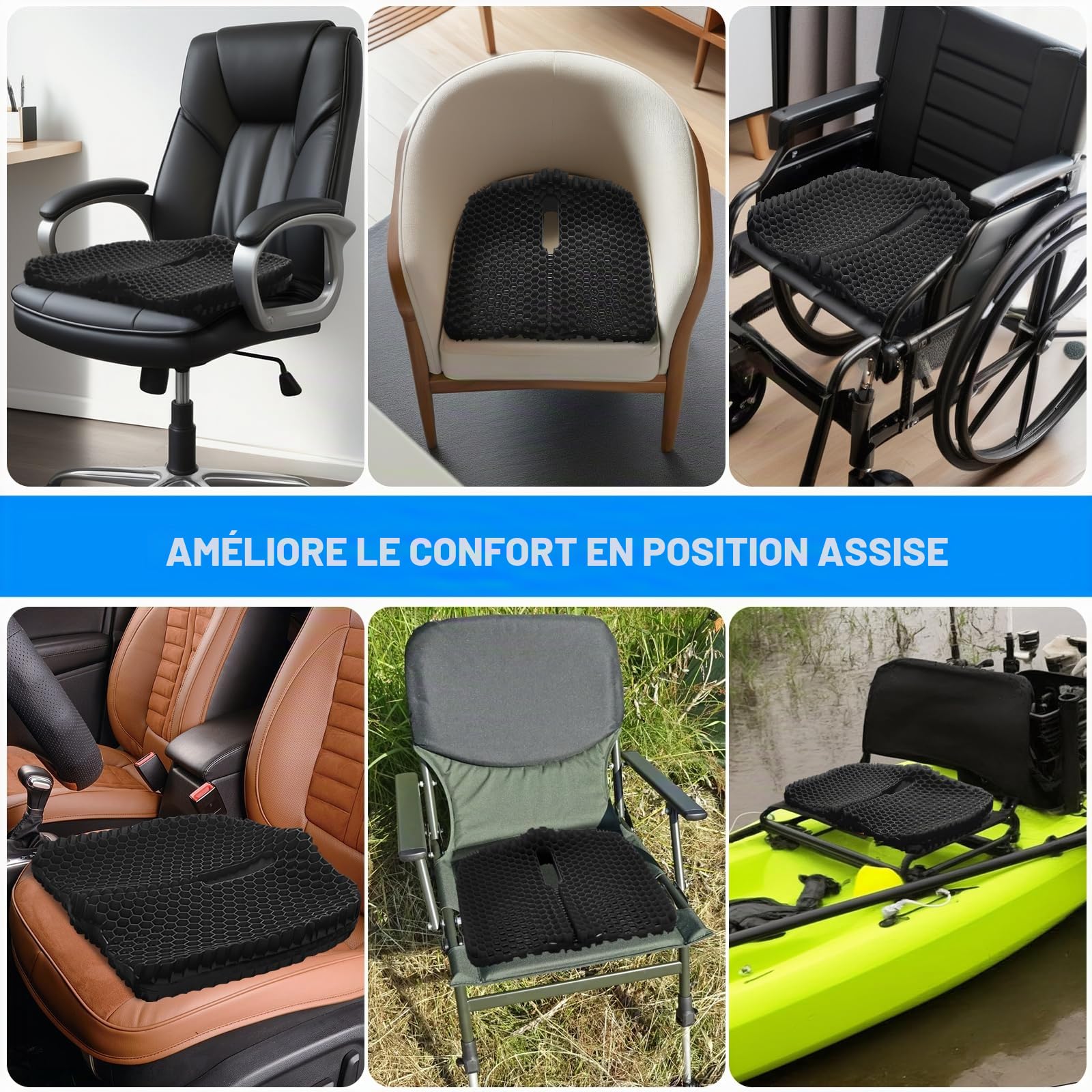 Coussin de siège en gel épais pour kayak, bateau de pagaie, soulagement de la douleur du coccyx sciatique, coussin de siège double épais pour la maison, la voiture, le fauteuil roulant, la