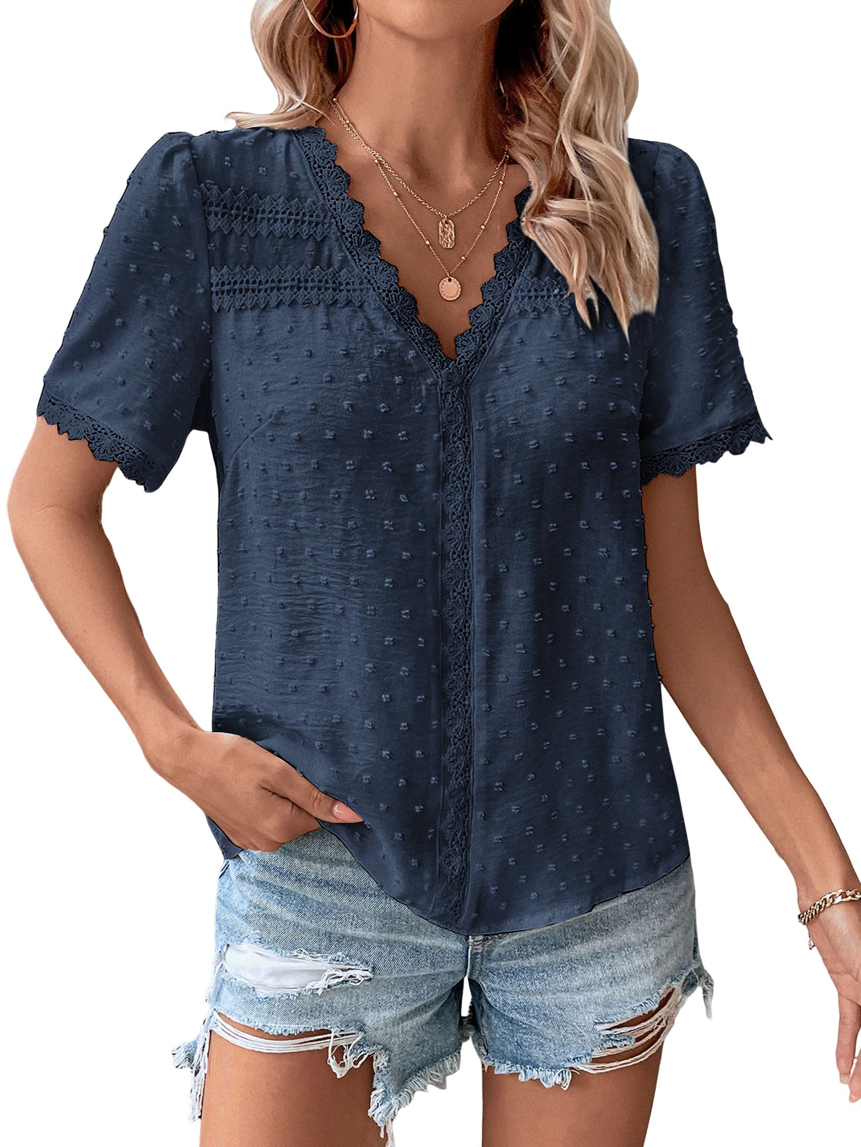 Top Boho da, in Pizzo all'Uncinetto, con Scollo A V, Casual, A Pois, con Pompon, A Maniche Corte, Camicette e Camicie