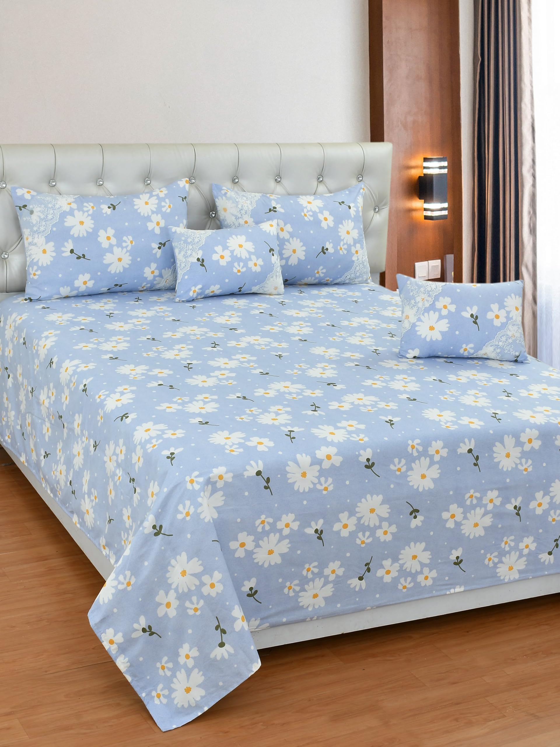 BREVARD Glace Cotton 5Pcs Bedding Set with Net Lace 210 TC | Queen Size Double Bedsheet with 2 Pillow Covers and 2 Filled Breakfast Pillows - 90x100 Inches, Blue-image-44