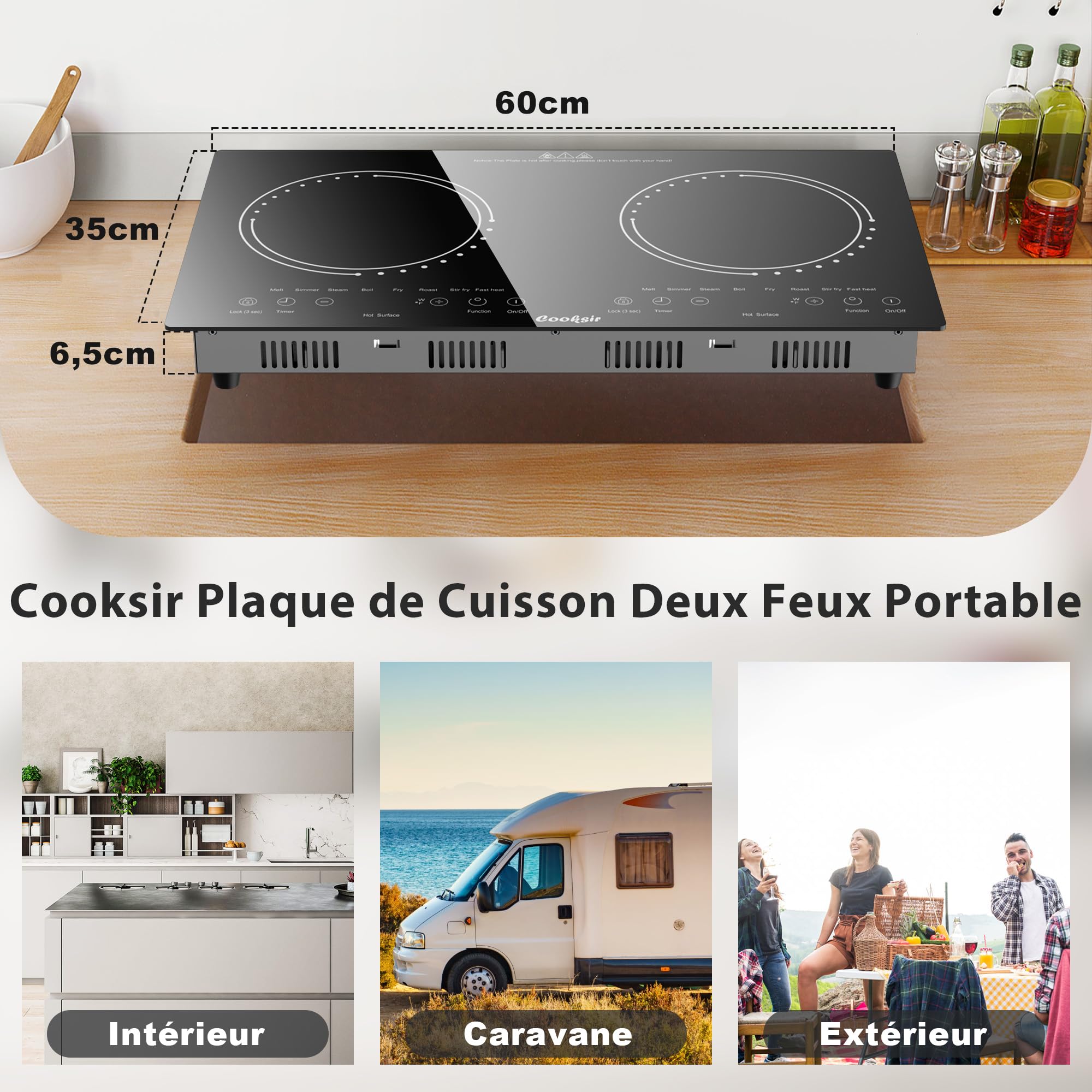 Plaque Vitrocéramique 2 Feux avec Prise | Portable et Encastrable, 3600W, 60cm, 650℃ Max, Sécurité Enfants, Minuterie 4 Heures, 9 Niveaux de Puissance, 220V
