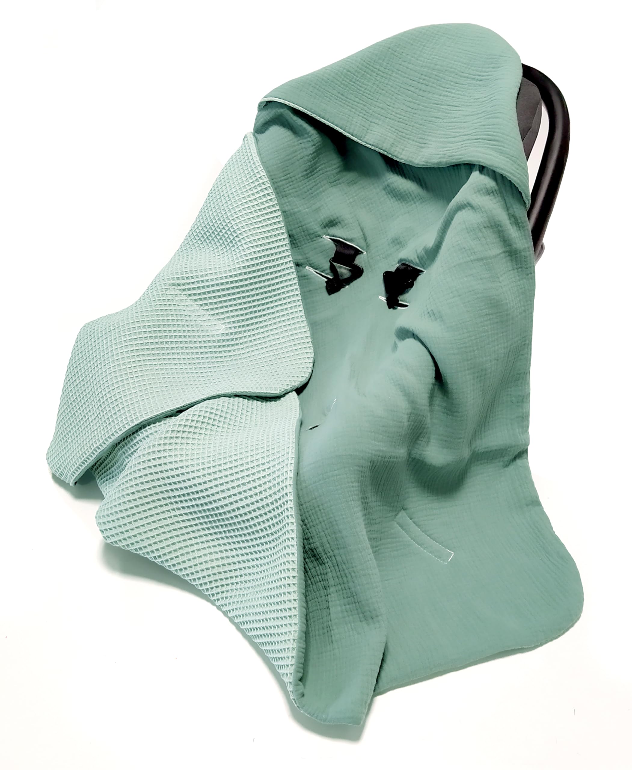 Musselin Einschlagdecke Babydecke 90x90 cm für Babyschale – Sommerdecke atmungsaktiv & leicht, für Kinderwagen und Autositz, für Neugeborene & Kleinkinder, aus Waffel & Musselin, Oeko-Tex - Lorbeer