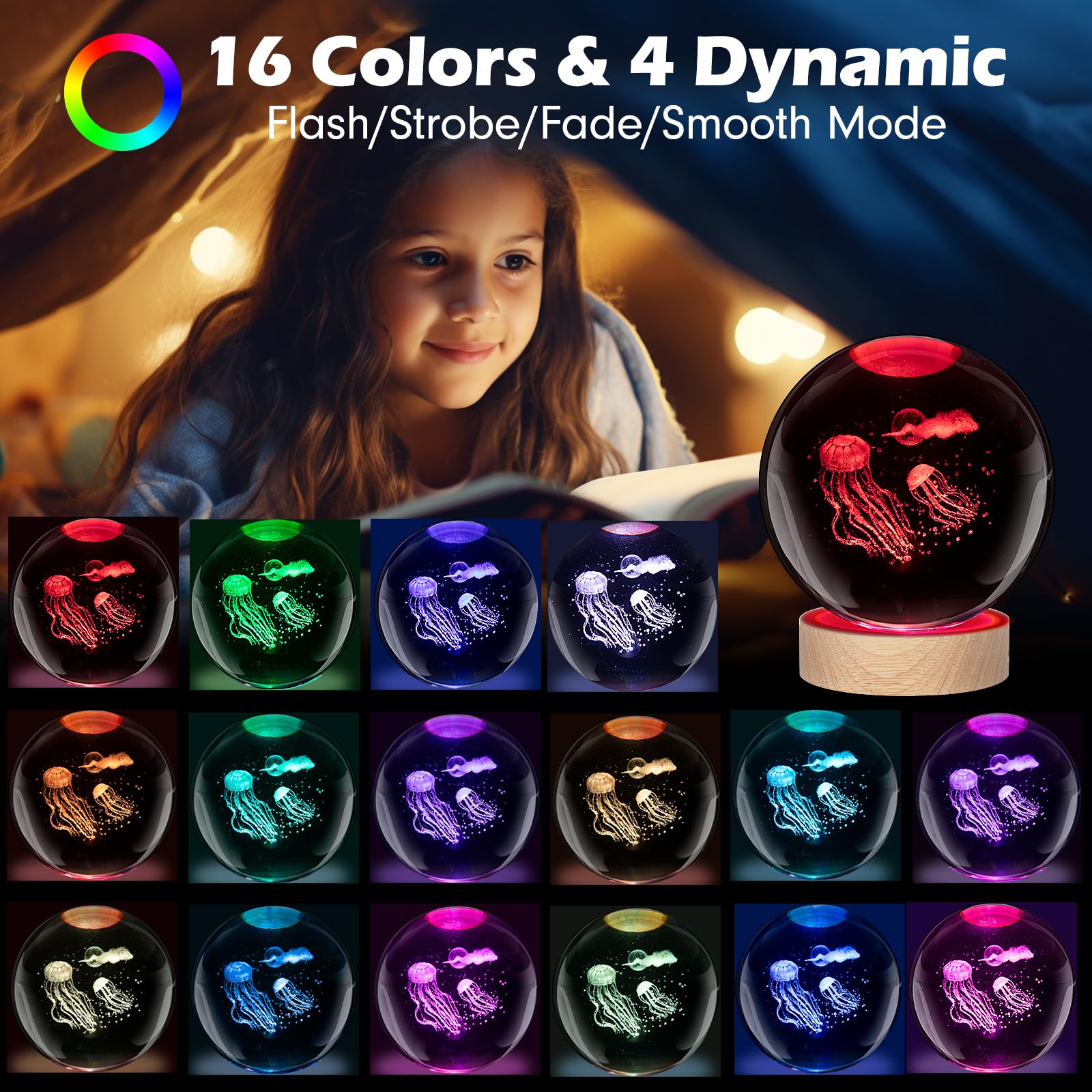 Amazon.co.jp : 3Dクラゲクリスタルボールナイトライト 16色LED木製