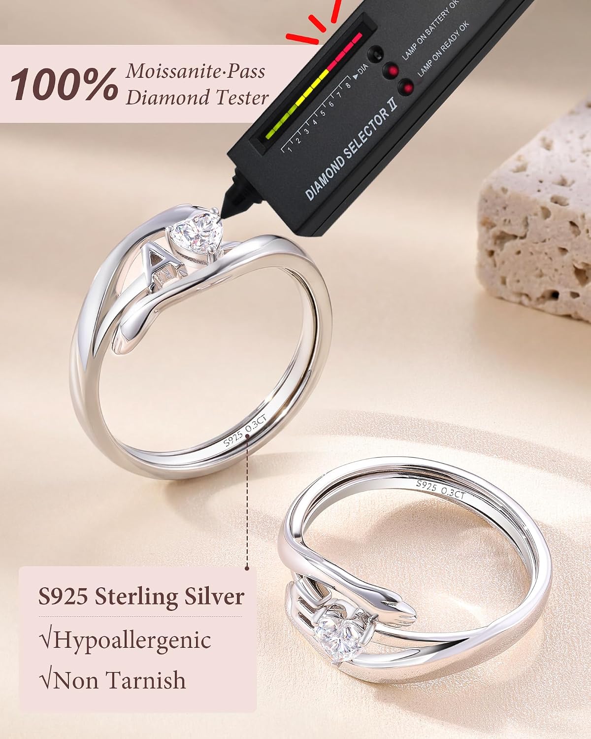 2-in-1 Hug Letter Ring for Women Sterling Silver Moissanite Heart Ring with Personalized Initial with “Always With You” Message Gift for Mom Daughter Granddaughter Girlfriend