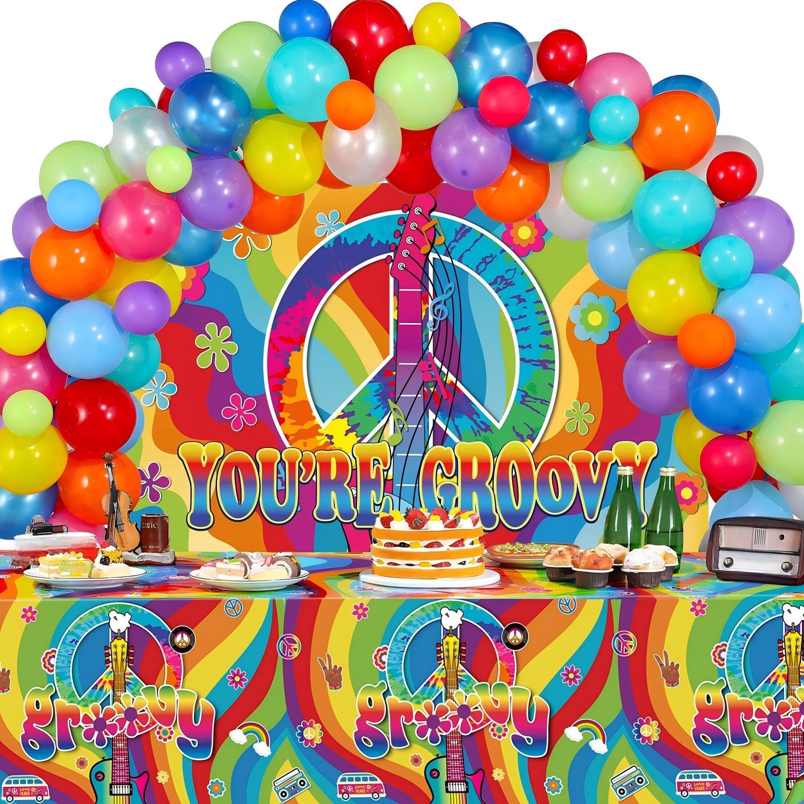 60s Party Decorations Groovy Hippie Balloons Decorations 60s Backdrop Tablecloth Balloons Kit Tie Dye Peace and Love Sign for Birthday Party Carnival Hippie Theme Groovy Decor