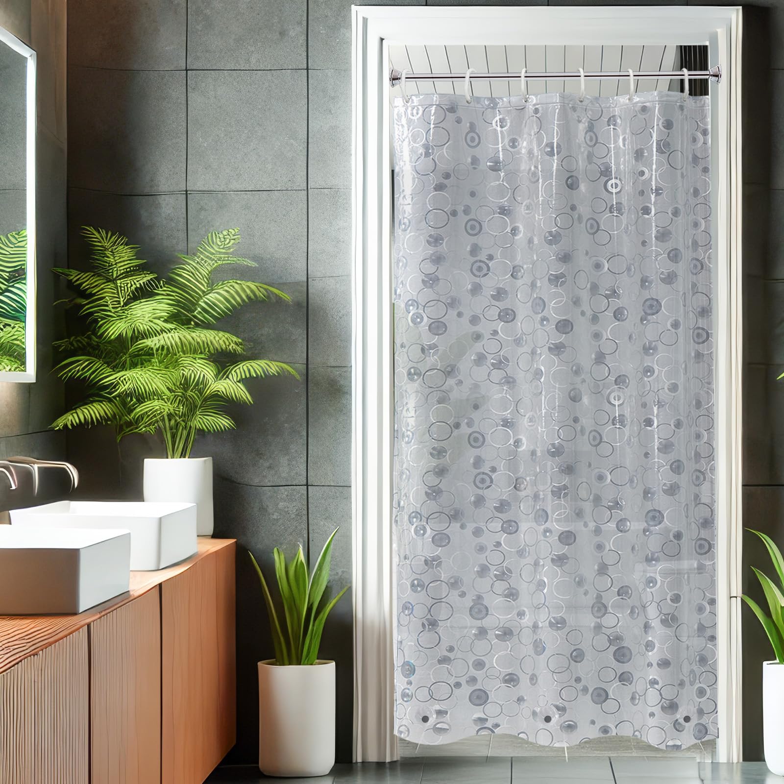 AooHome Plastic Small Shower Curtain Liner - EVA 3D Circle Pattern Design Bathroom Shower Curtain with Hooks, Bottom Magnets, 10G Heavy Duty, Water Repellent, Semi Transparent, 36x72 Inch