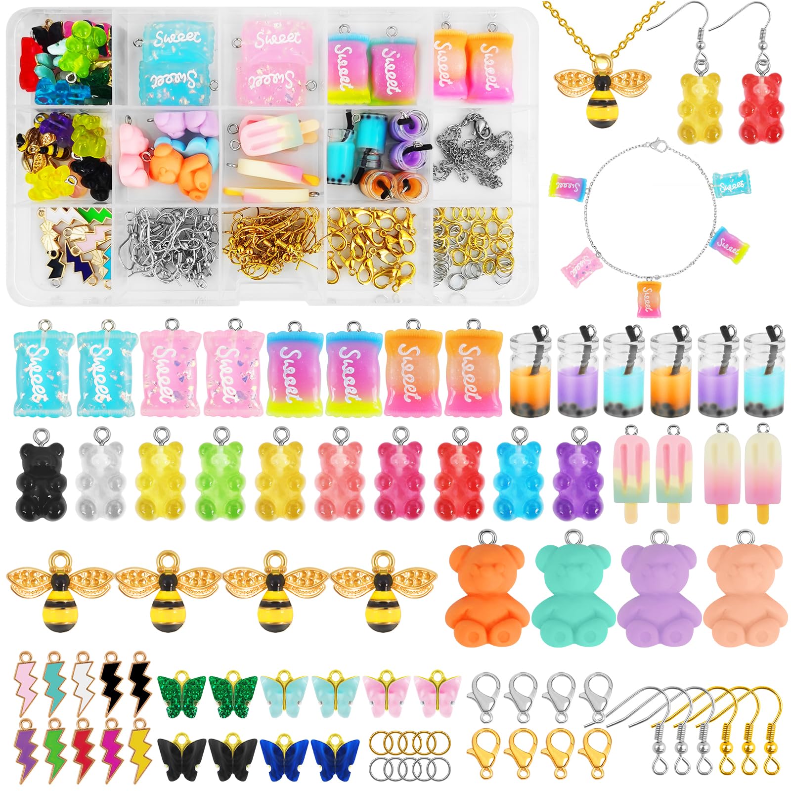 Mispudin212Pcs Cute Charms for Jewellery Making, Resin Charms for Bracelets, Necklace, Earrings, Keyrings - Mixed Color Gummy Bear, Candy, Bubble Tea, Butterfly, Ice Cream Pendants