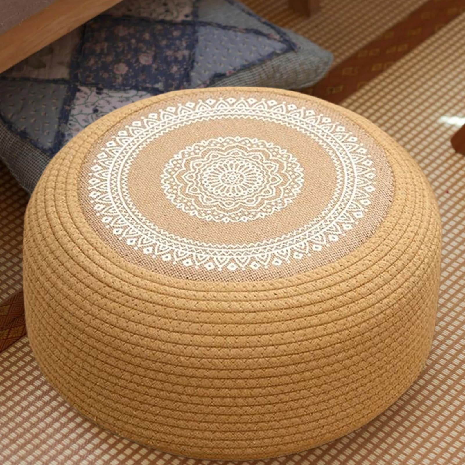 Generisch Cojín de suelo de yute natural, puf trenzado a mano con tejido transpirable 3D | Espuma multicapa para meditación, ceremonia del té, tatami – Costuras hexagonales resistentes a la