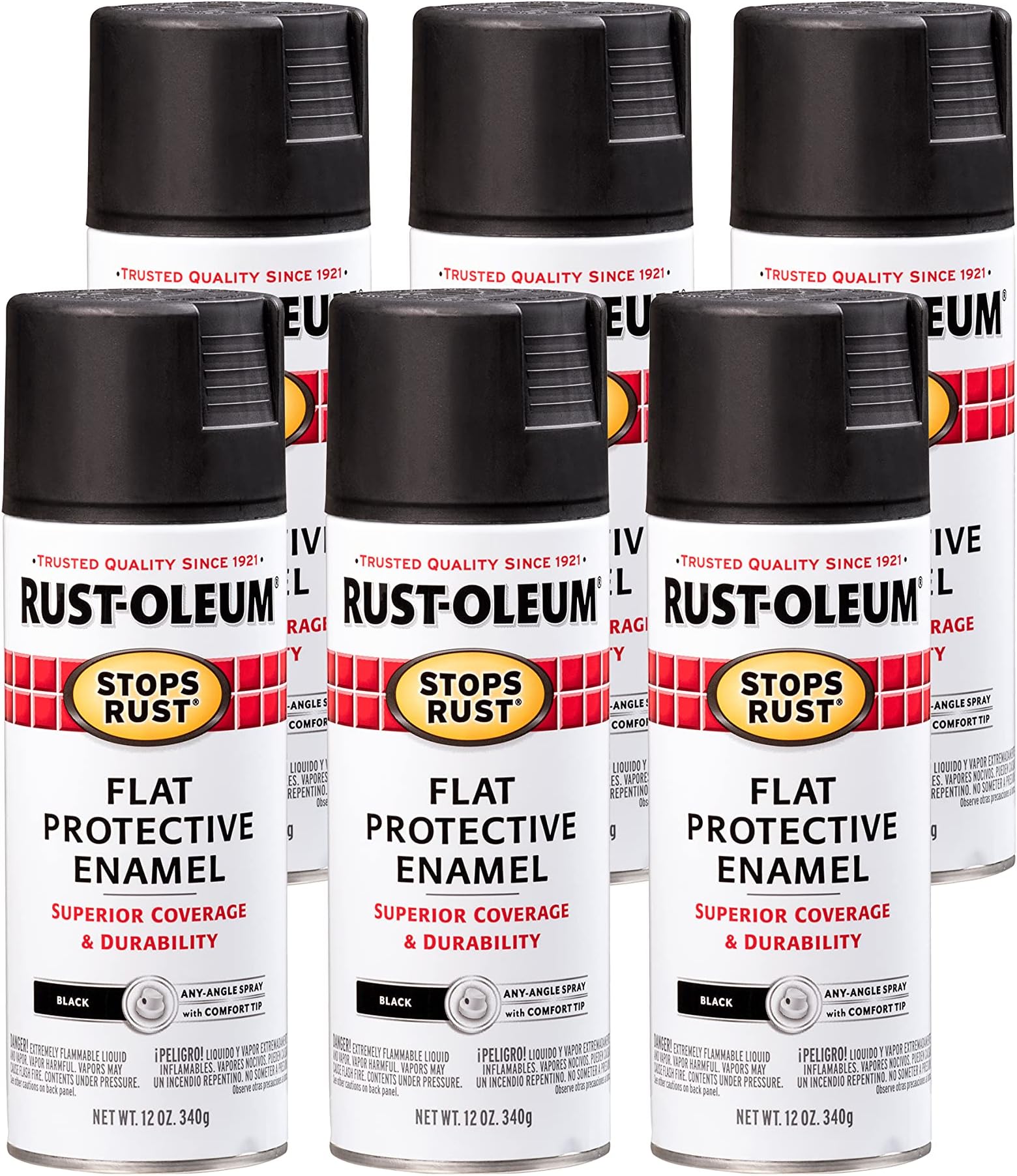 Rust-Oleum 7776830-6PK Stops Rust Spray Paint, 12 oz, Flat Black, 6 Pack
