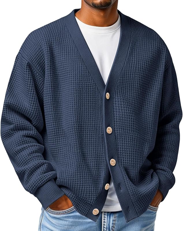 Mens Cozy Waffle Knit Loose Casual Layer Style Sweater Button Down Relaxed Cardigan Easy Fall Outfits