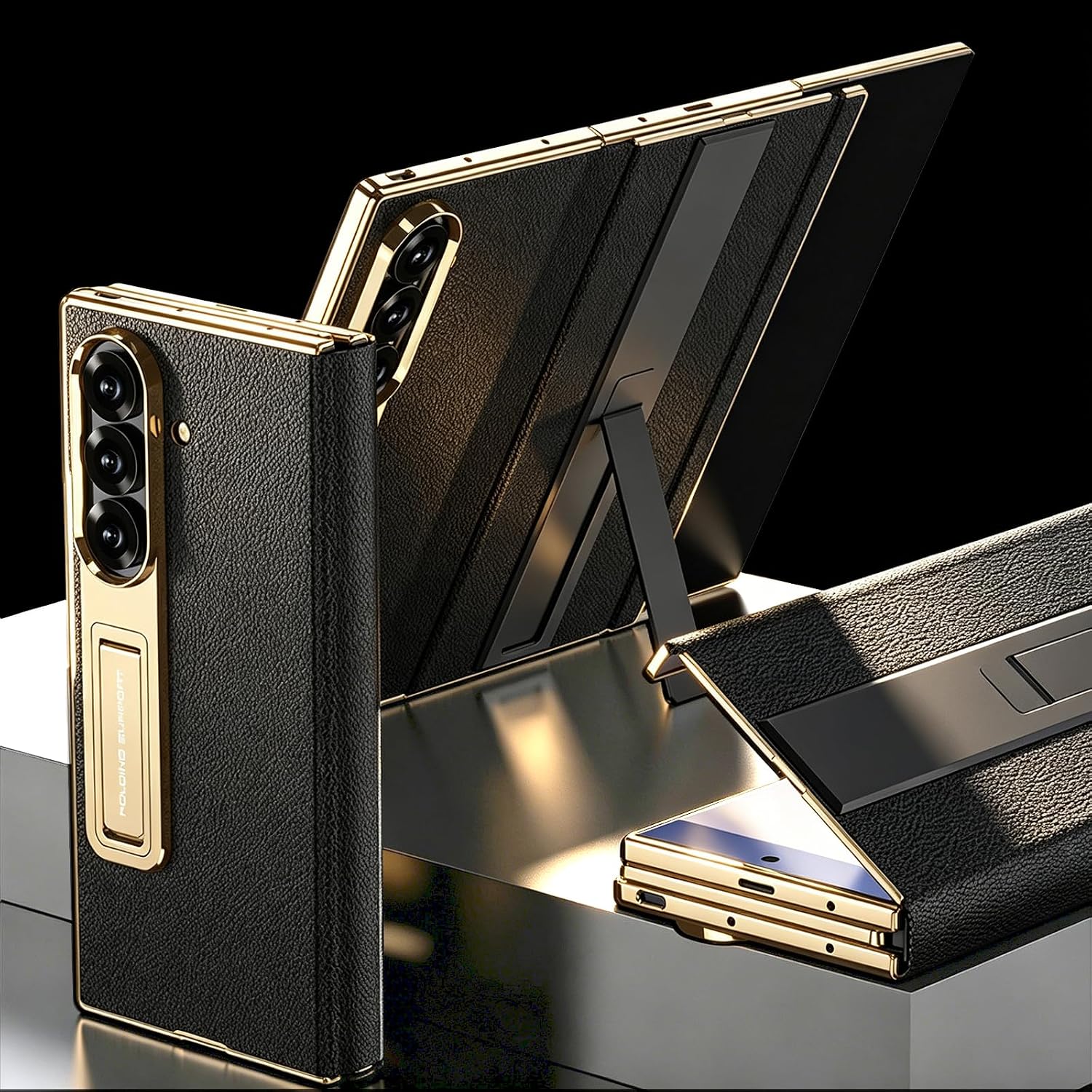 for Samsung Galaxy Z Trifold Case, [Dual Invisible Stand] Built-in Glass Screen Protector, Full Coverage Magnetic Edge Cover Hinge Protection Slim Leather Protective Case for Z Trifold Black