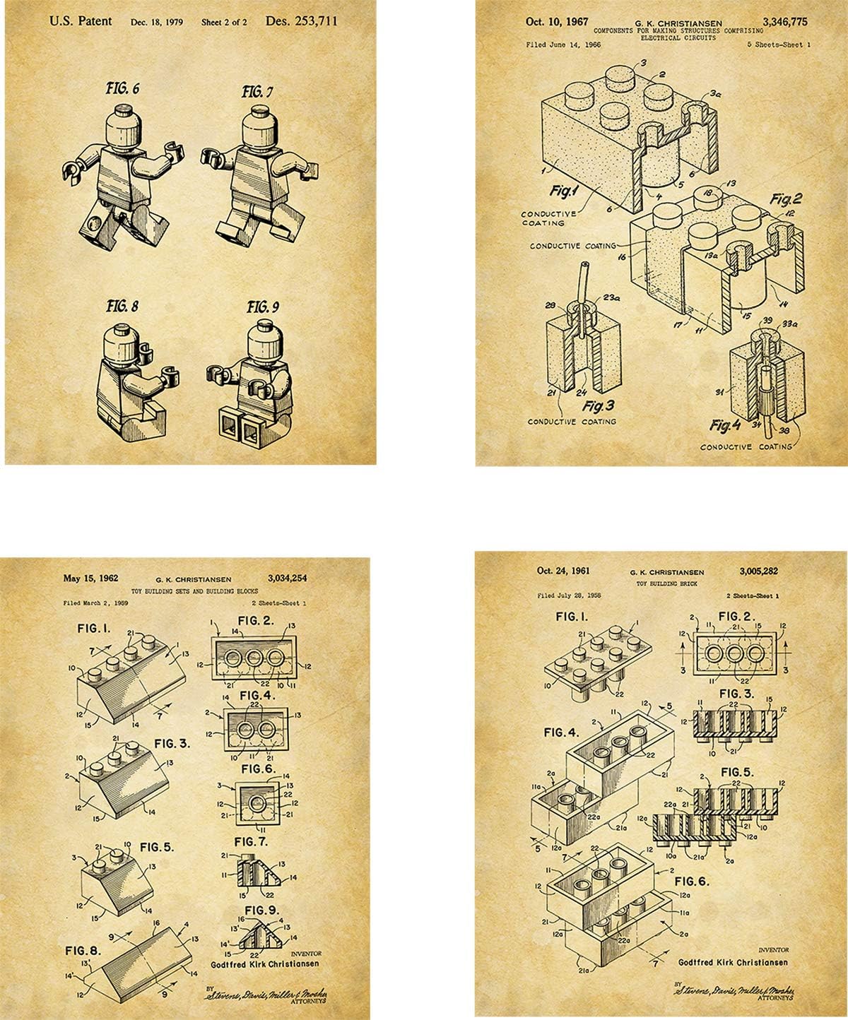 LEGOS PATENT Wall Art Prints,8 x 10 Inches,No Frame,Wall Art Decor for Lego Fans Set of 4