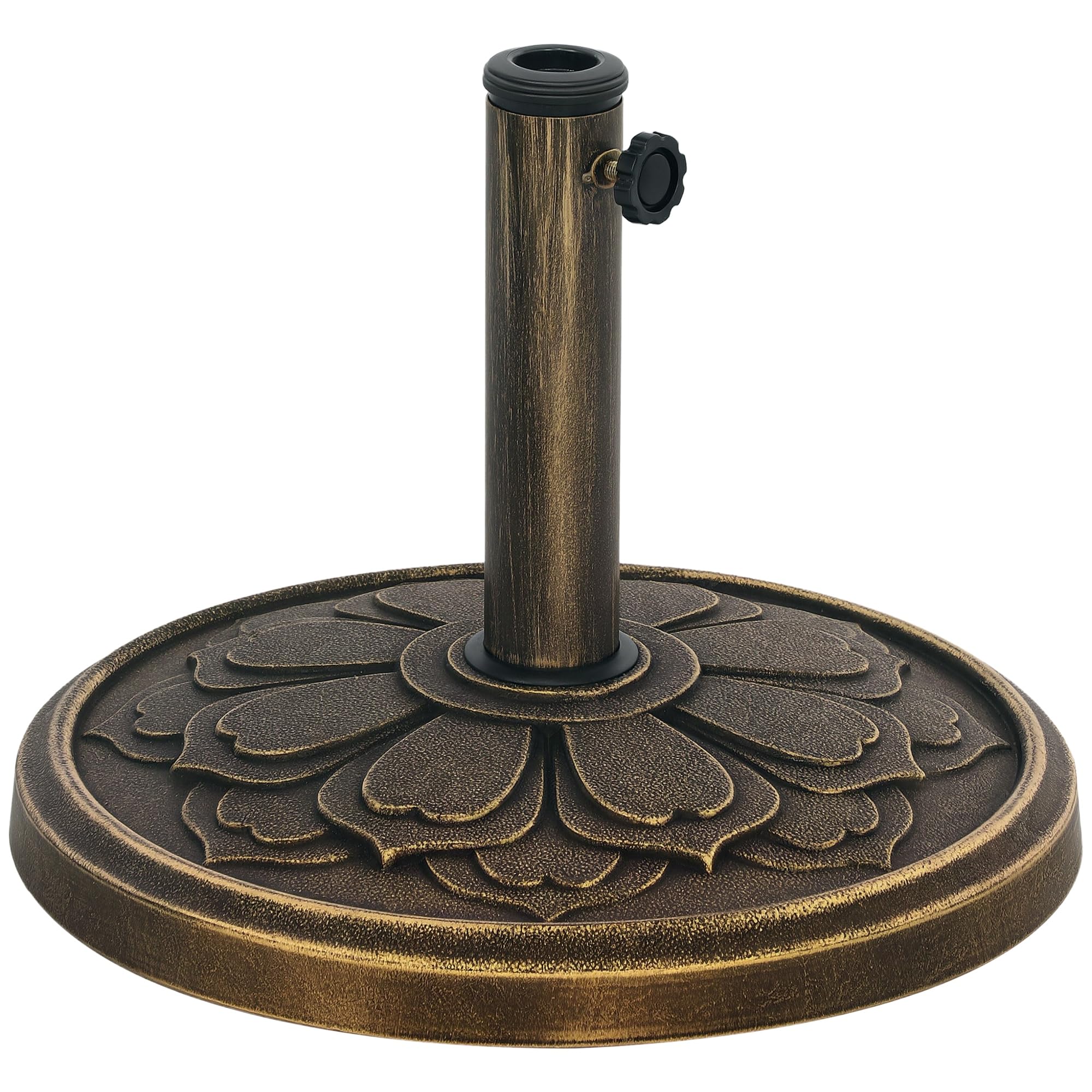 Outsunny Base per Ombrellone da 12 kg con Motivo di Fiore di Loto e Manovella Integrata, Basamento per Ombrellone in Resina, Metallo e Cemento, per Pali di Ombrelloni da Ø32/38/48 mm, Bronzo