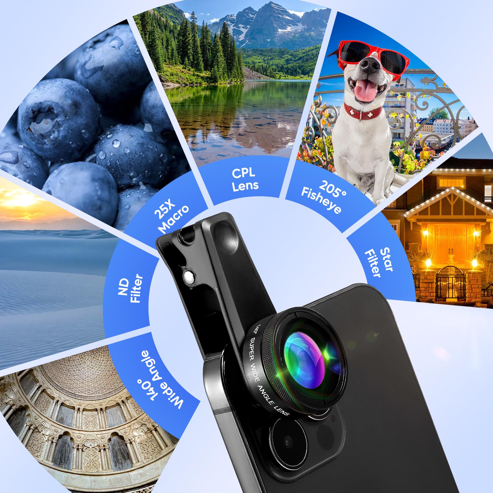 Objectif Telephone Portable pour Smartphone Universels, 6 en 1 Lentille Smartphone, 140x Téléphoto, Objectif Macro 25 x, 205° Fisheye, pour la Plupart des Smartphones