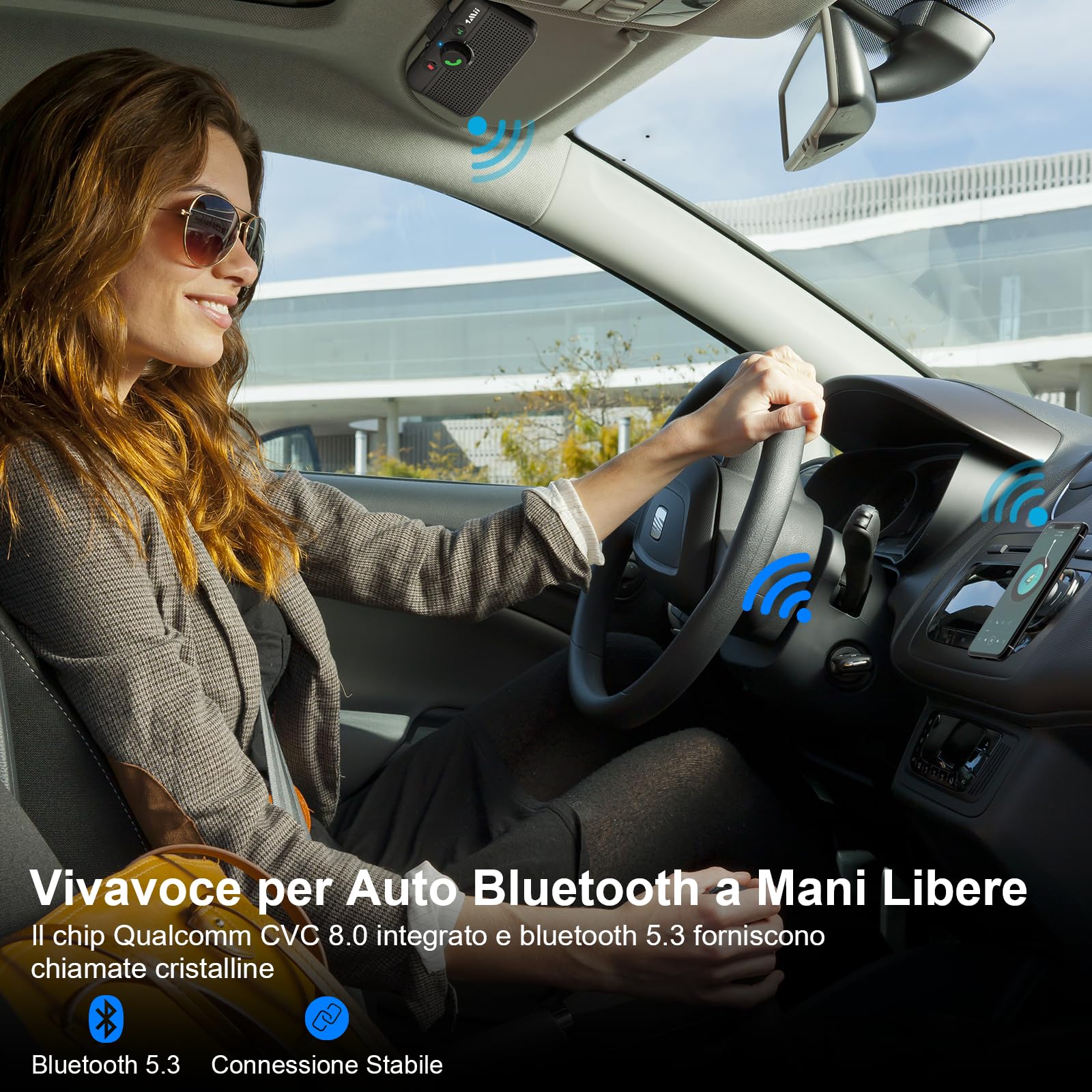 1Mii Kit Vivavoce per Auto Bluetooth 5.3 con Siri Assistente Comandi Vocali di Google Altoparlante, per Chiamate Viva Voce, GPS, Connessione Automatica, Altoparlante da 3W, Connettività Dual Link