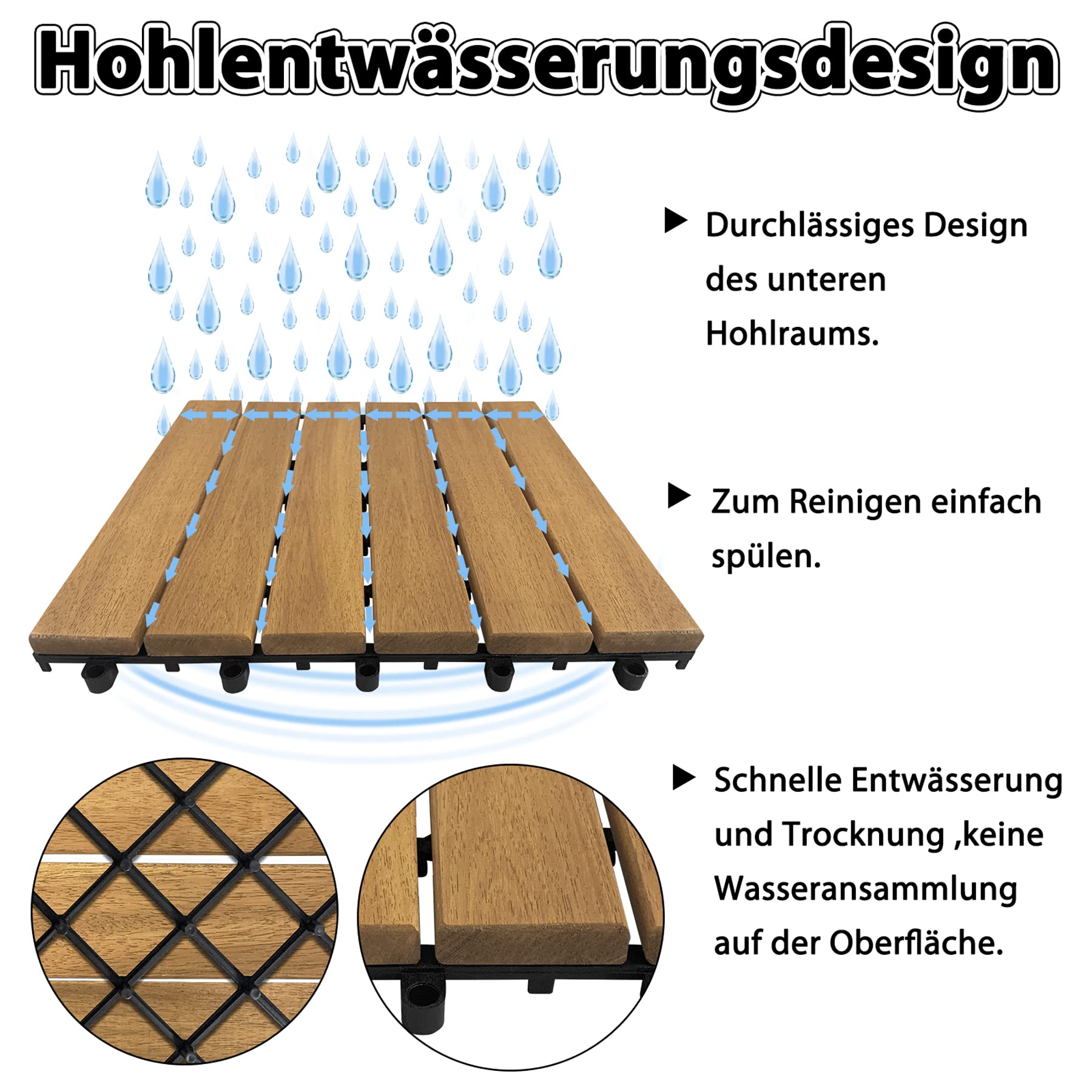 Froadp 3 m² Holzfliesen 30x30 cm aus Akazien-Holz mit Klicksystem Terrassenfliesen Balkon Bodenbelag Klickfliesen Wetterfest Balkonfliesen Gartenfliesen für Terrasse Garten Balkon (33 Stück, Type A)
