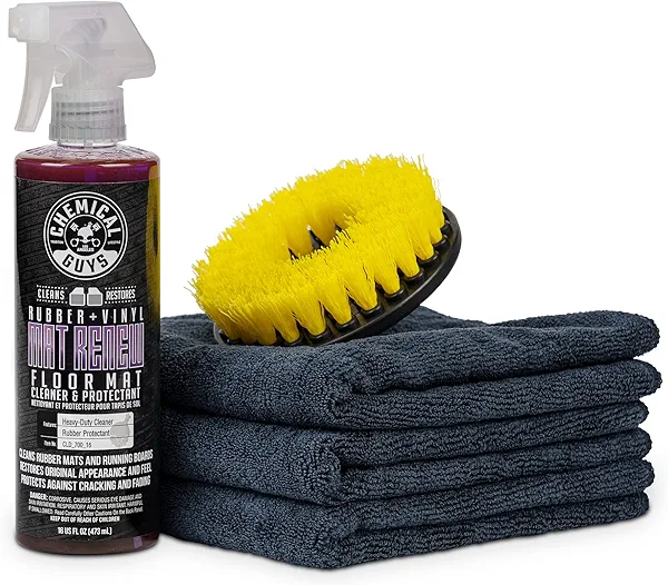 Chemical Guys HOL70016 Heavy Duty Floor Mat Cleaning Kit with Mat Renew Rubber + Vinyl Floor Mat cleaner and Protectant (16 fl oz), Drill Brush Attachment, & Workhorse Towels, 5 Item Kit