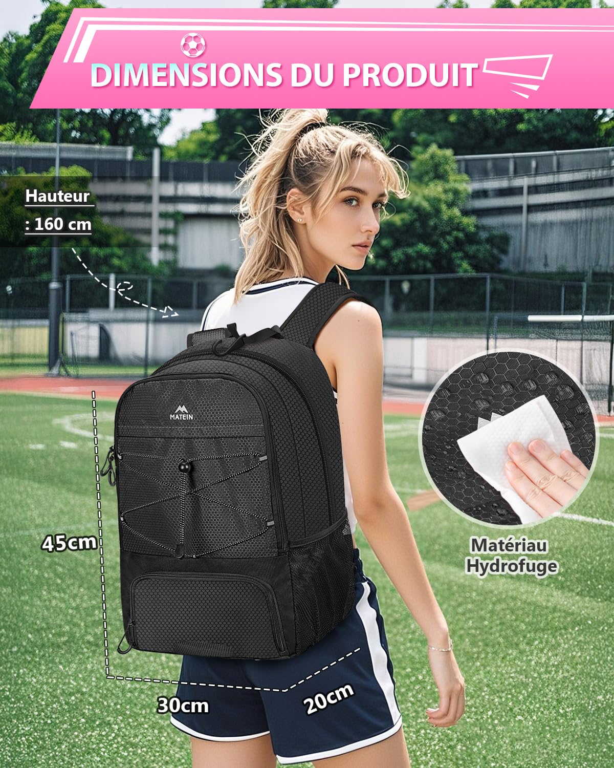 MATEIN Sac à Dos Football avec Compartiment à Chaussures Étanche pour Ordinateur Portable 15,6 Pouces, Noir