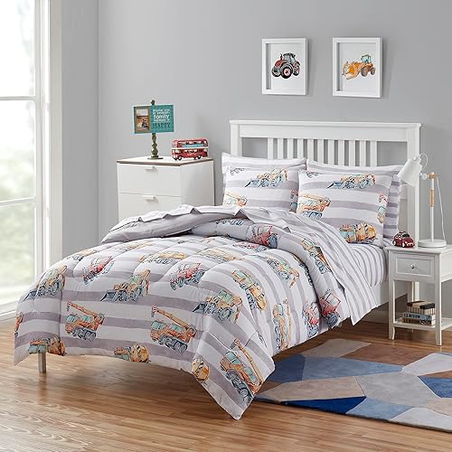 Juego de ropa de cama para niños y niñas, juego de sábanas impresas y edredón, tamaño matrimonial, camiones